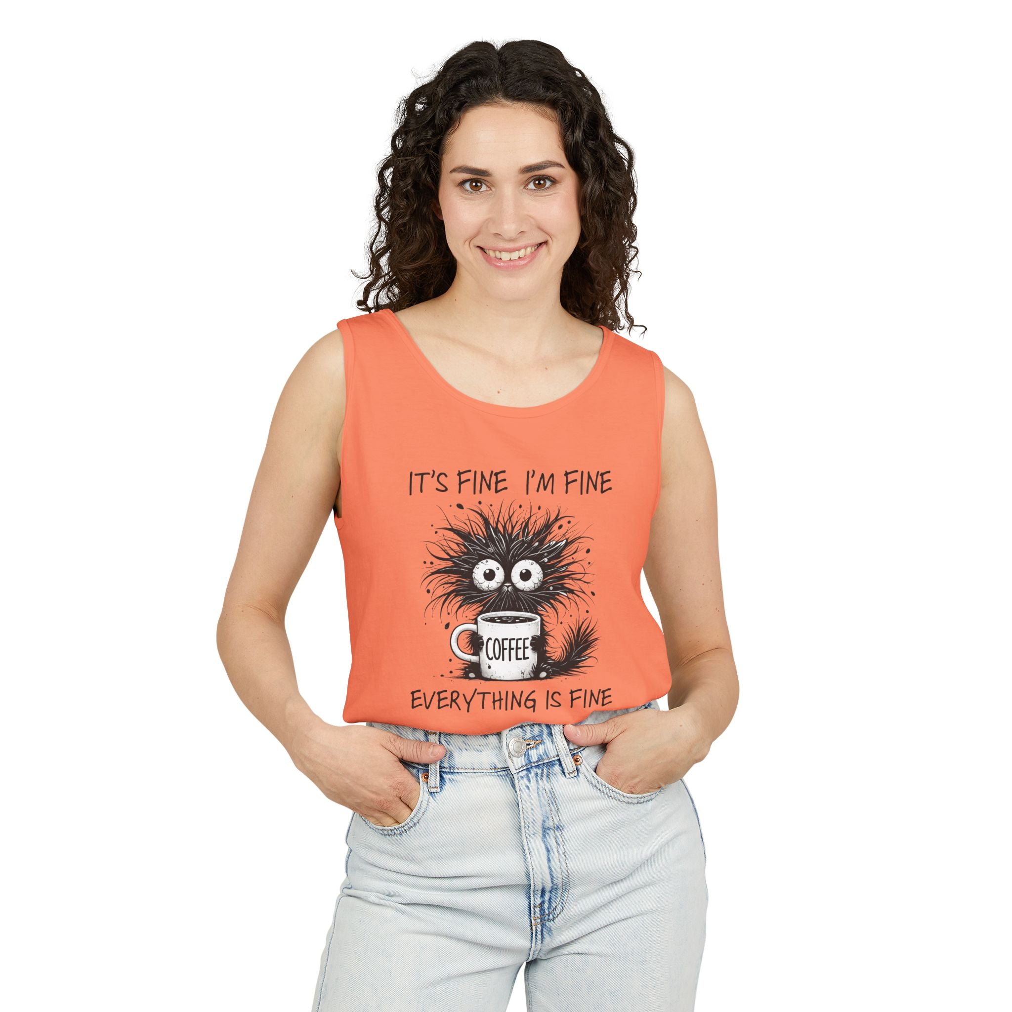 Coffee Catastrophe Tank Top — “It’s Fine I’m Fine Everything Is Fine” Graphic Tank