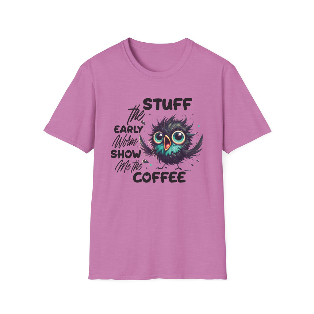 Morning Coffee T‑Shirt — "Stuff the Early Worm, Show Me the Coffee" Cute Sleepy Owl bird Graphic