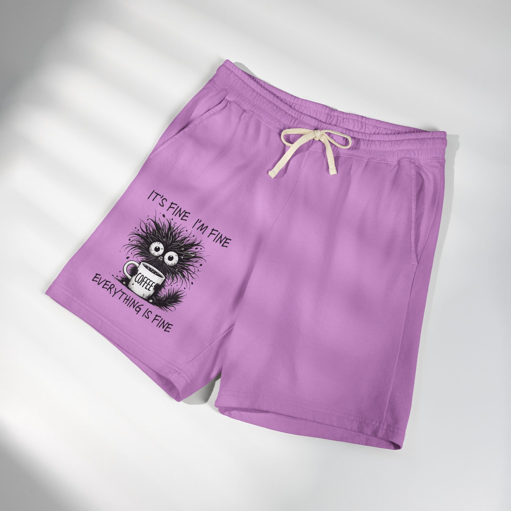 Sweat Shorts "It's Fine I'm Fine" Fuzzy Coffee Monster Graphic