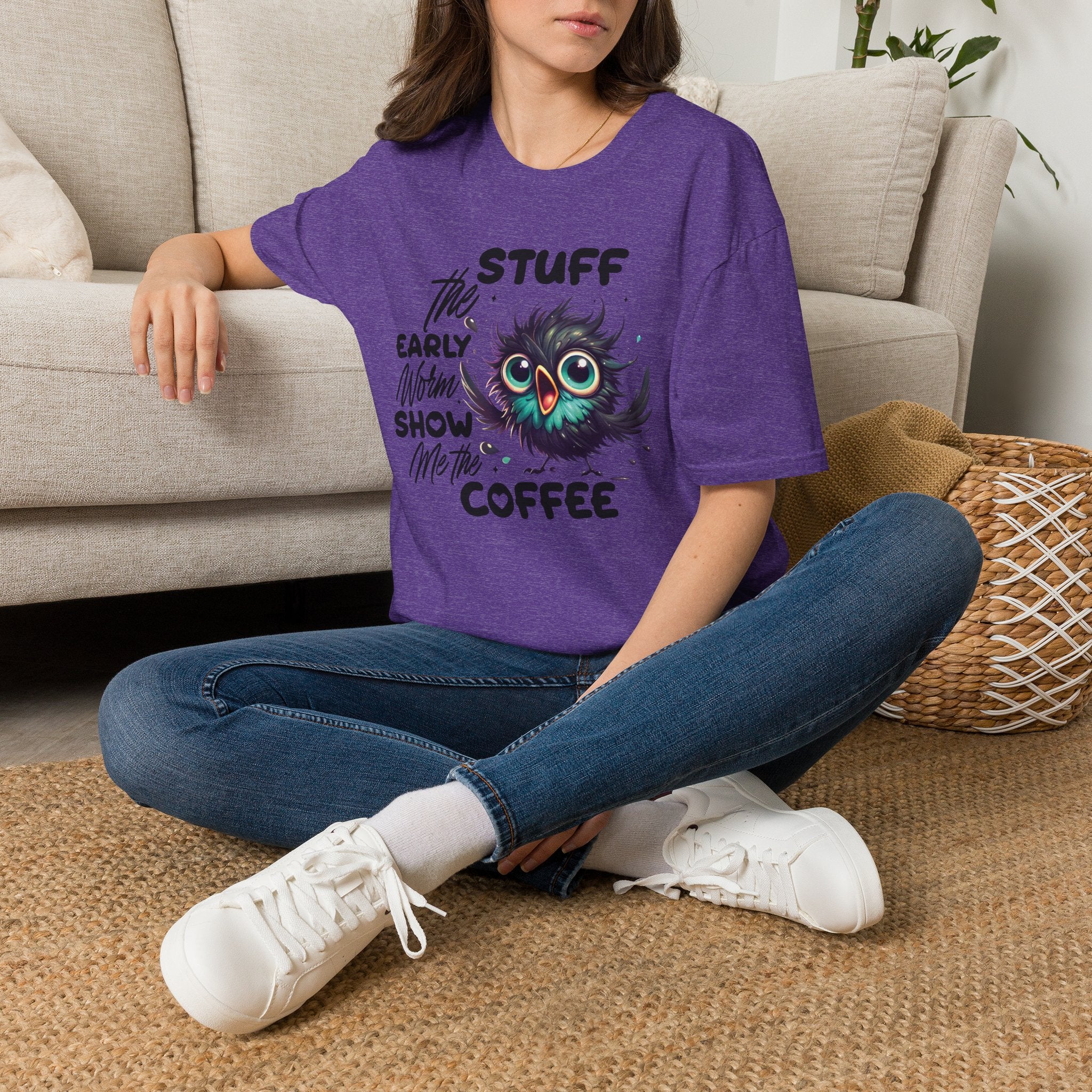 Morning Coffee T‑Shirt — "Stuff the Early Worm, Show Me the Coffee" Cute Sleepy Owl bird Graphic