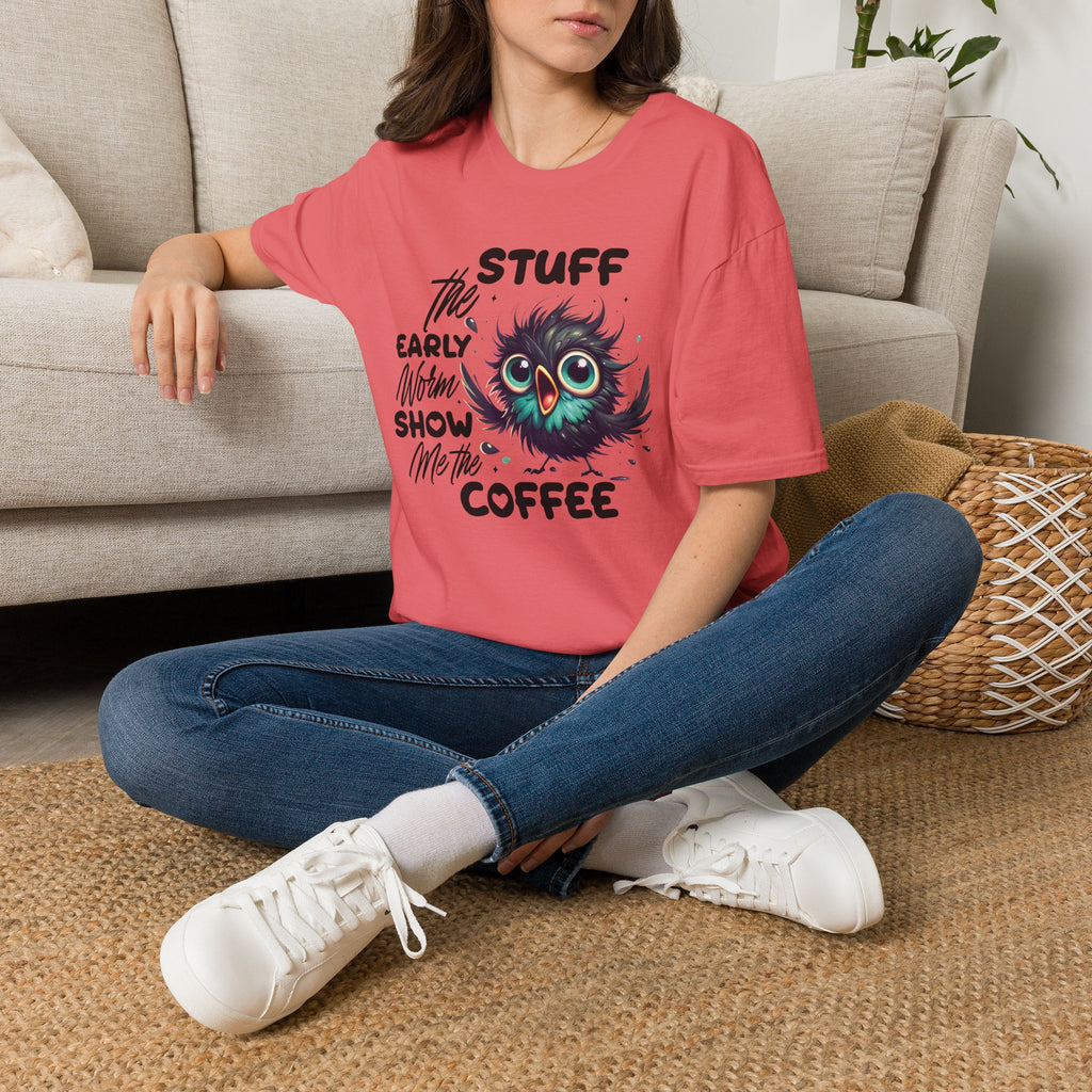 Morning Coffee T‑Shirt — "Stuff the Early Worm, Show Me the Coffee" Cute Sleepy Owl bird Graphic
