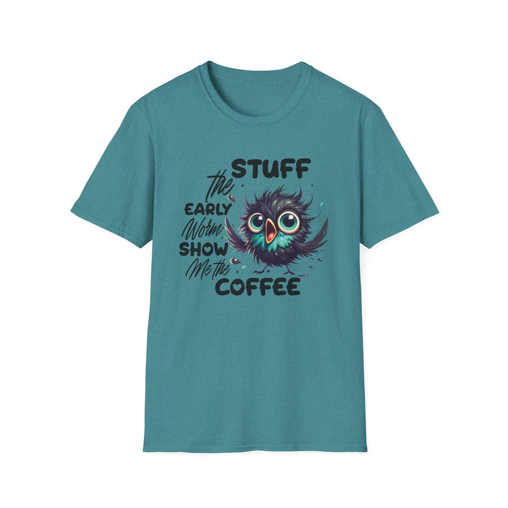 Morning Coffee T‑Shirt — "Stuff the Early Worm, Show Me the Coffee" Cute Sleepy Owl bird Graphic