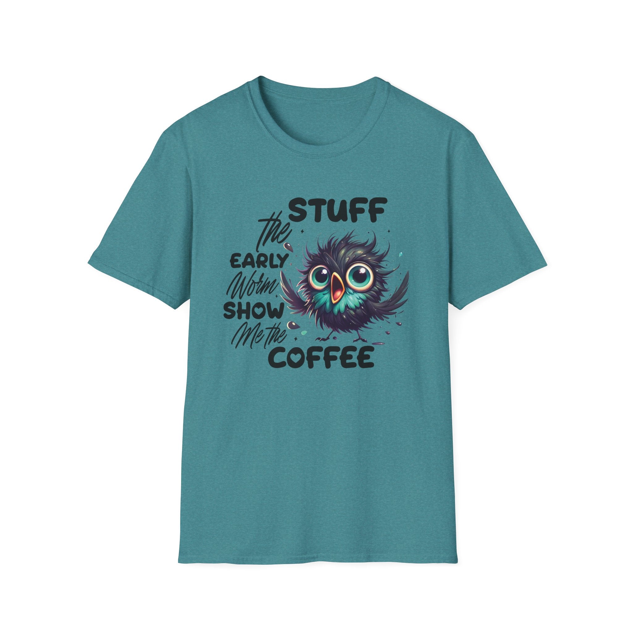 Morning Coffee T‑Shirt — "Stuff the Early Worm, Show Me the Coffee" Cute Sleepy Owl bird Graphic