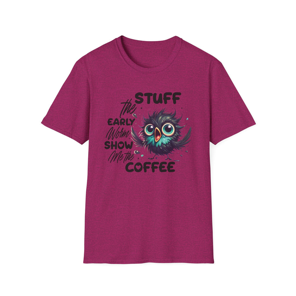 Morning Coffee T‑Shirt — "Stuff the Early Worm, Show Me the Coffee" Cute Sleepy Owl bird Graphic