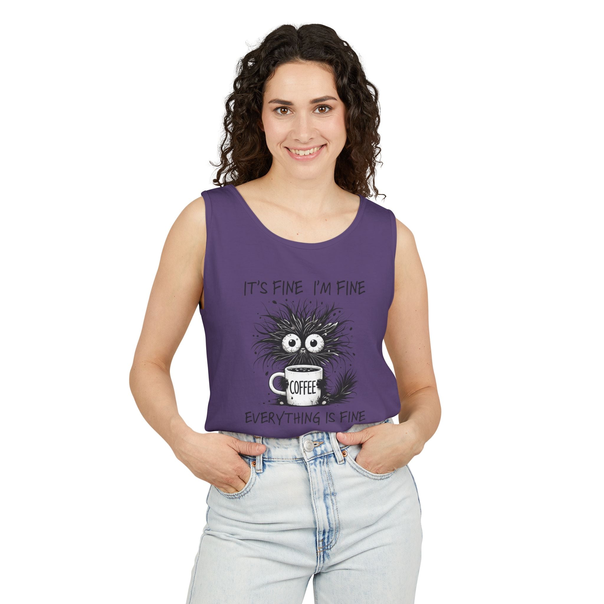 Coffee Catastrophe Tank Top — “It’s Fine I’m Fine Everything Is Fine” Graphic Tank