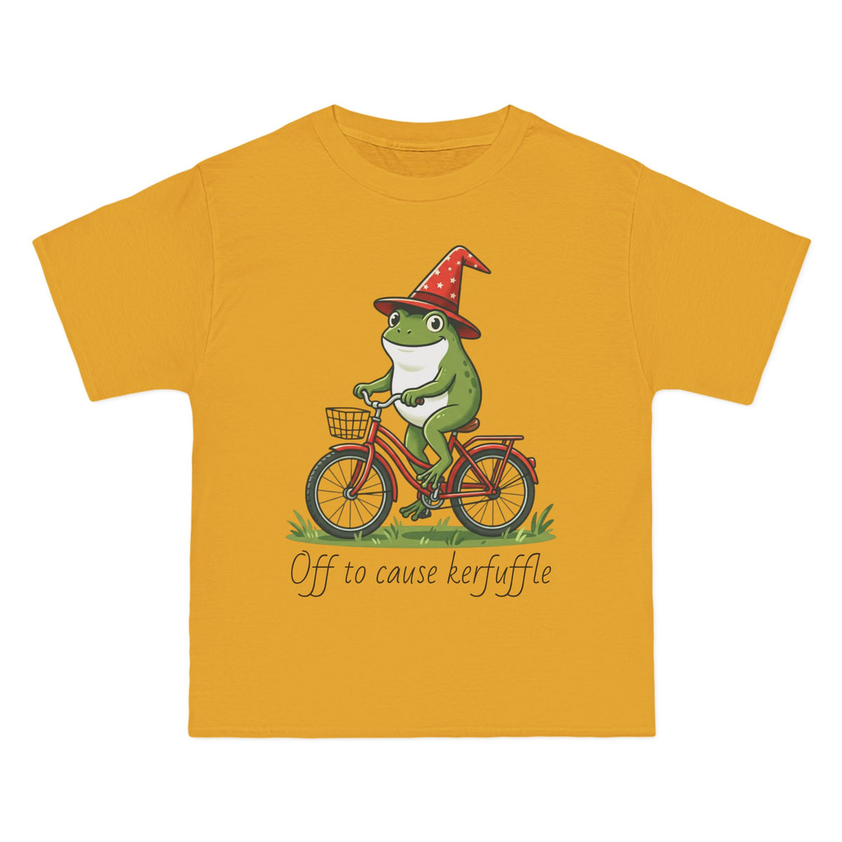 Frog on Bike T-Shirt — “Off to Cause Kerfuffle” Cute Whimsical Graphic Tee