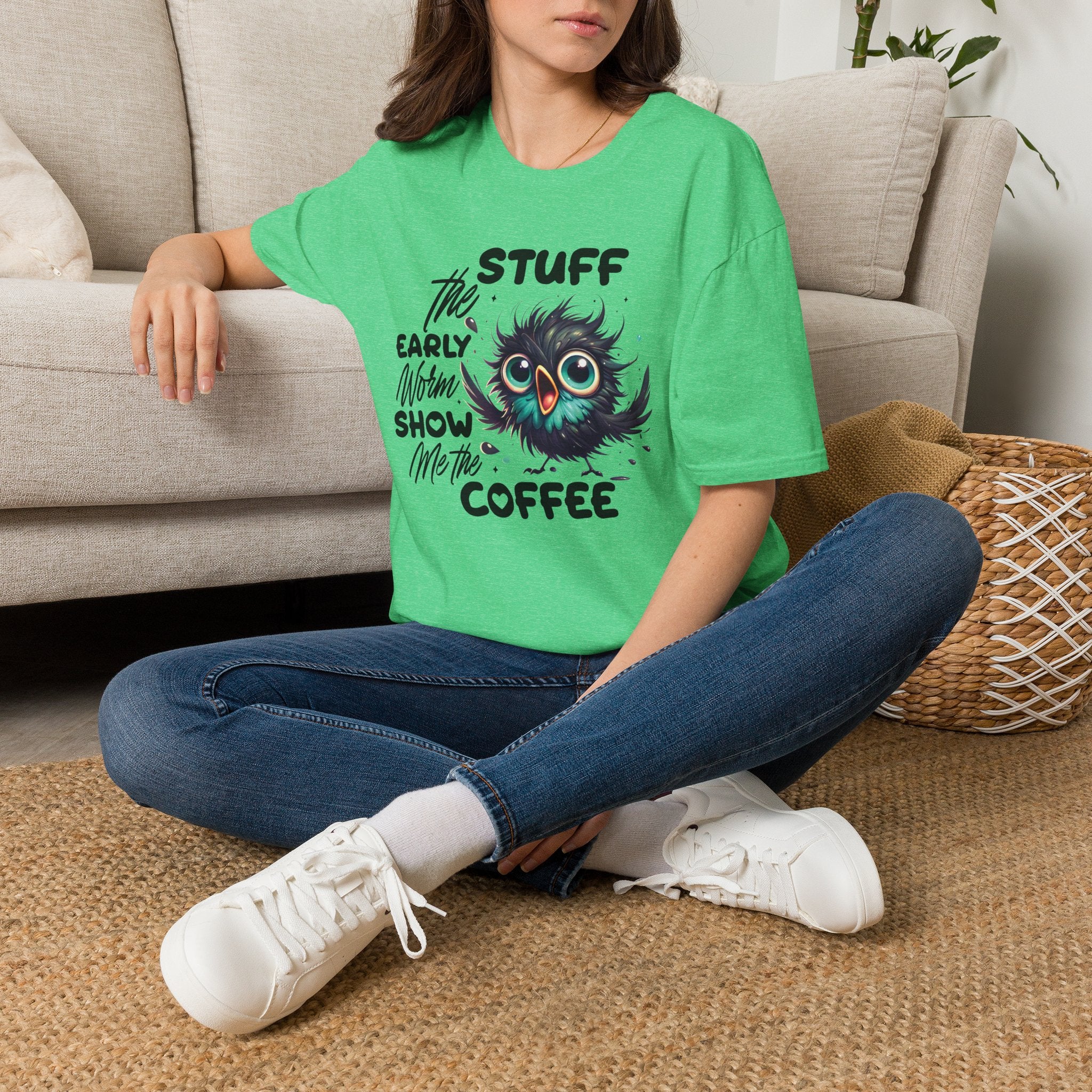 Morning Coffee T‑Shirt — "Stuff the Early Worm, Show Me the Coffee" Cute Sleepy Owl bird Graphic