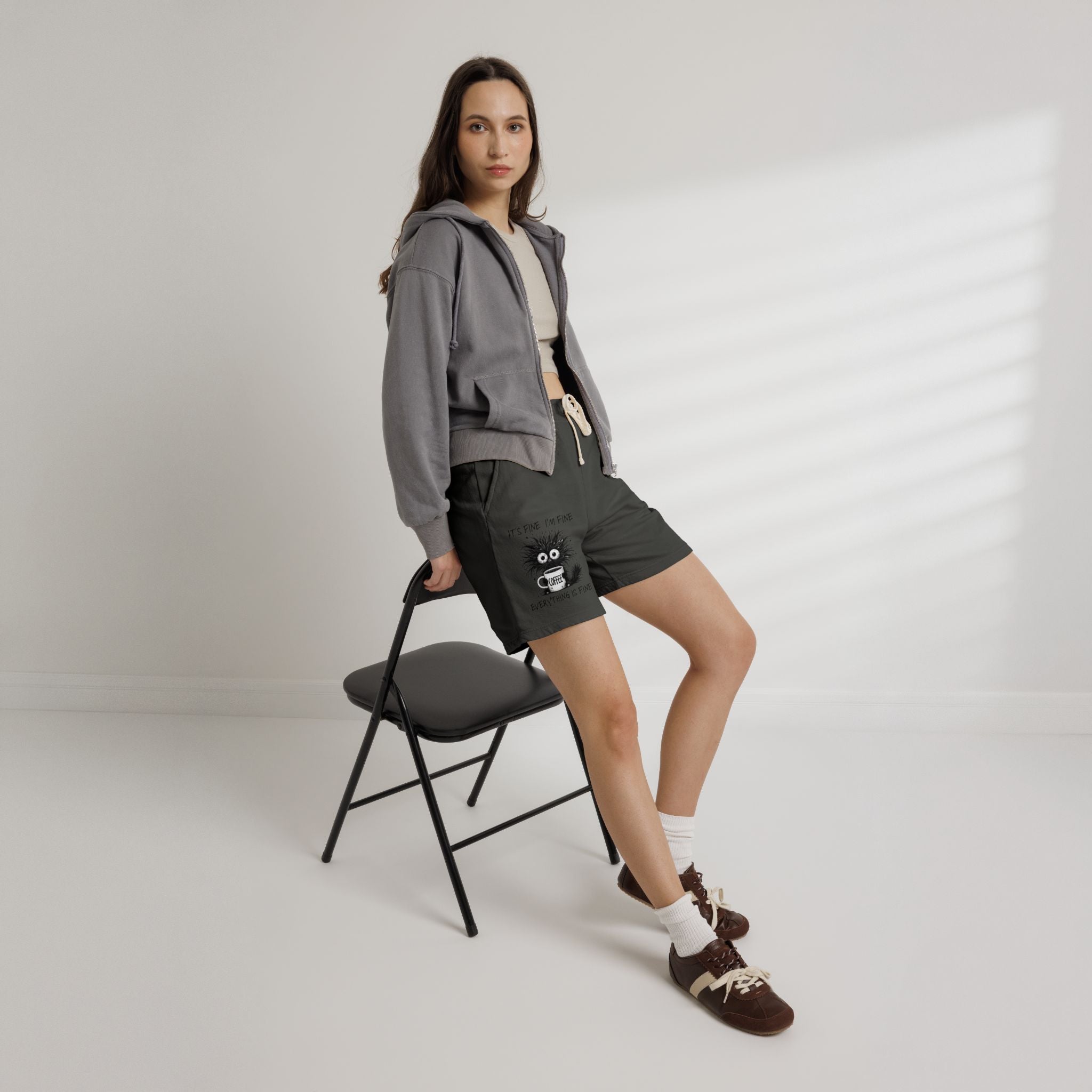 Sweat Shorts "It's Fine I'm Fine" Fuzzy Coffee Monster Graphic