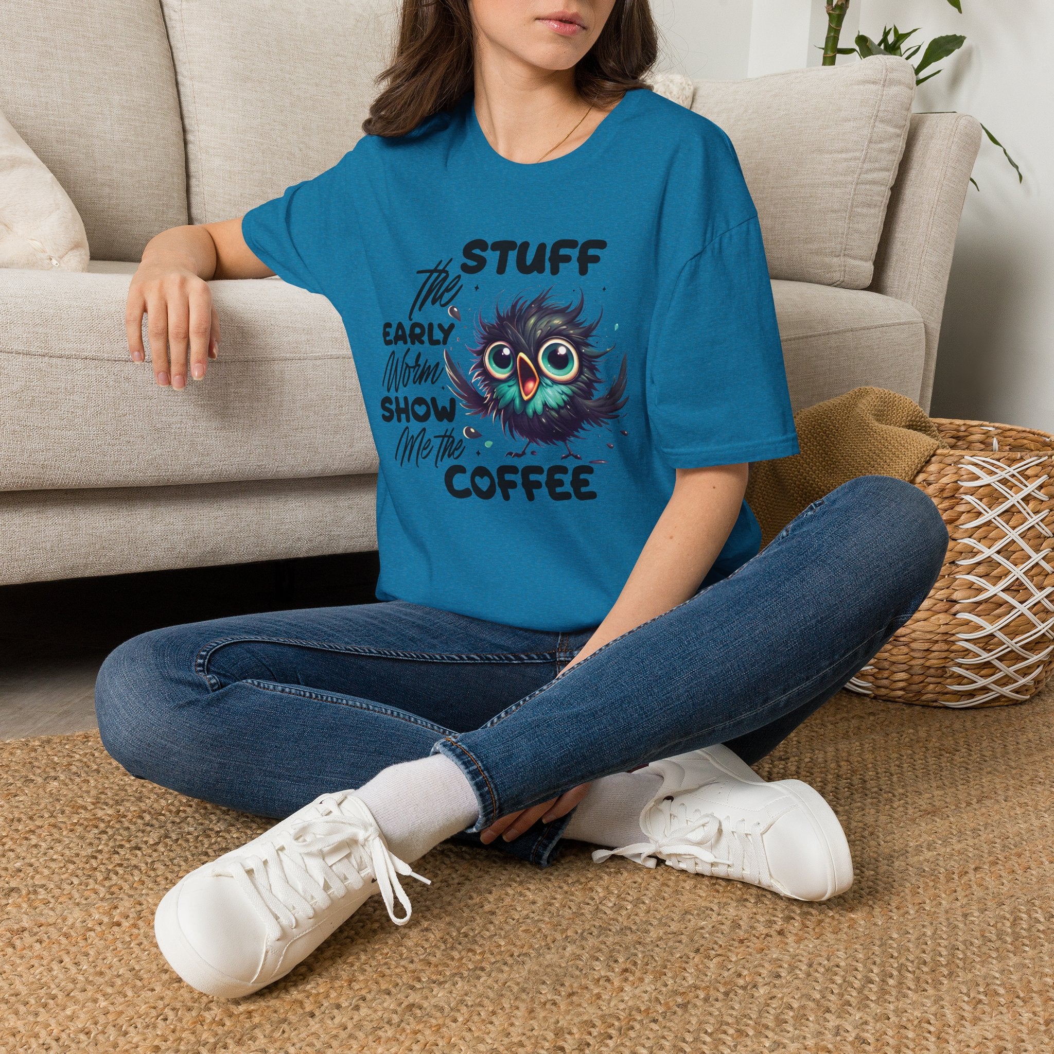 Morning Coffee T‑Shirt — "Stuff the Early Worm, Show Me the Coffee" Cute Sleepy Owl bird Graphic