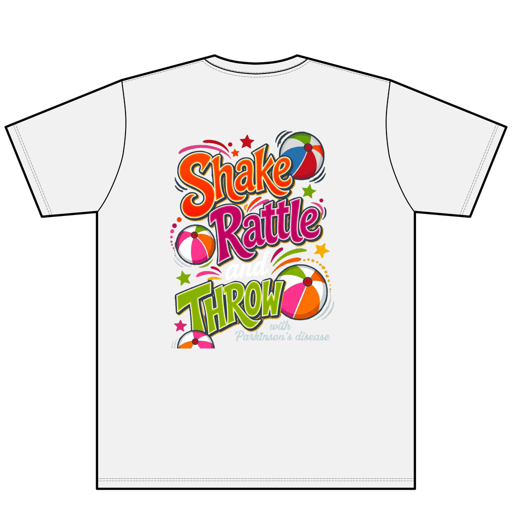 Move Live (FRONT/ chest) Shake Rattle Throw (BACK) V-Neck T Debra Parkinsons