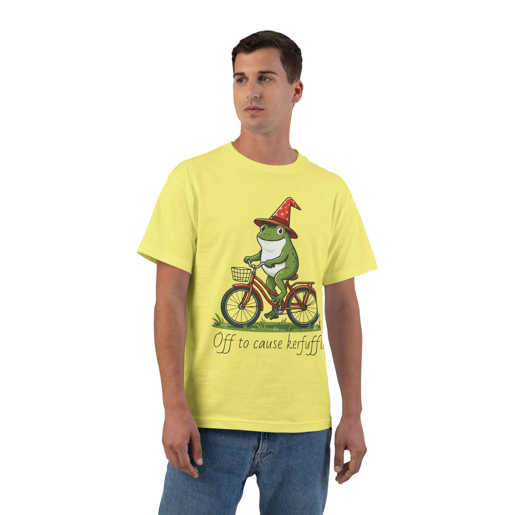 Frog on Bike T-Shirt — “Off to Cause Kerfuffle” Cute Whimsical Graphic Tee