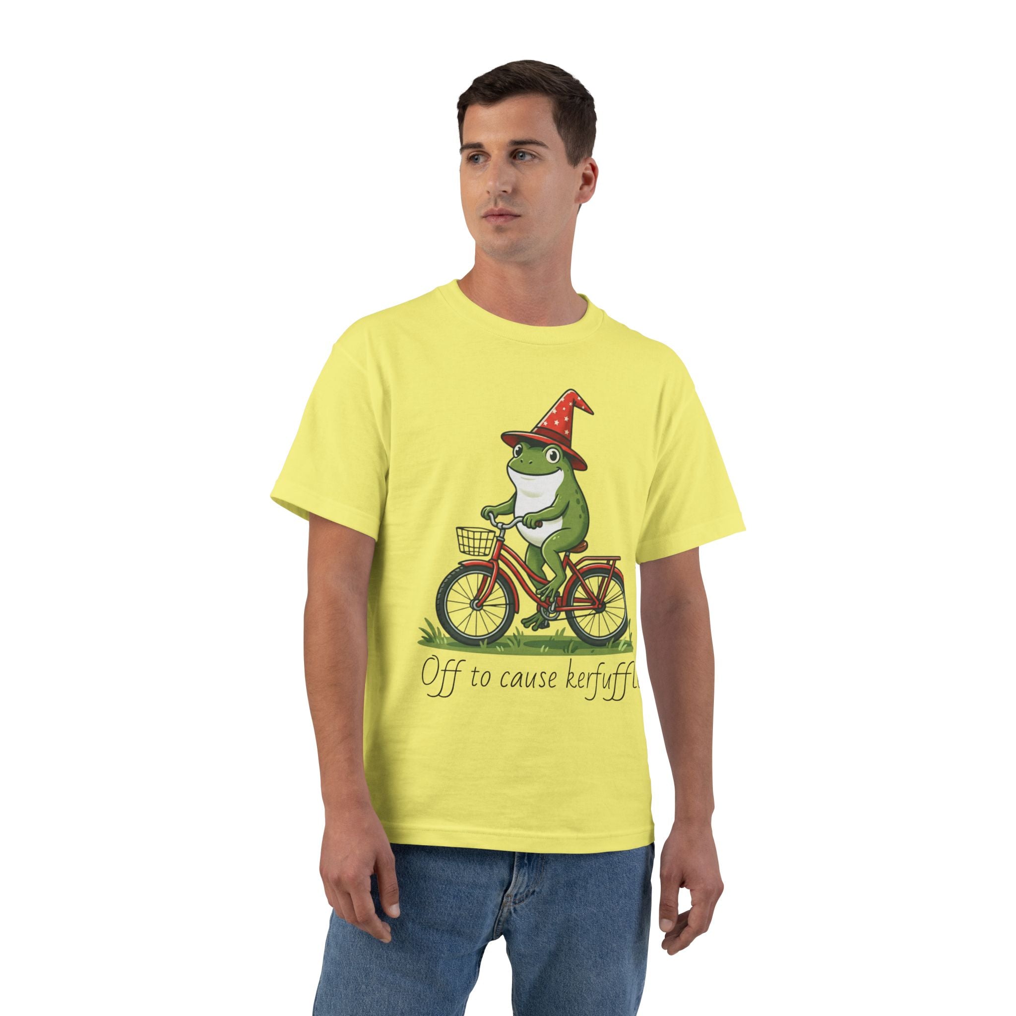 Frog on Bike T-Shirt — “Off to Cause Kerfuffle” Cute Whimsical Graphic Tee