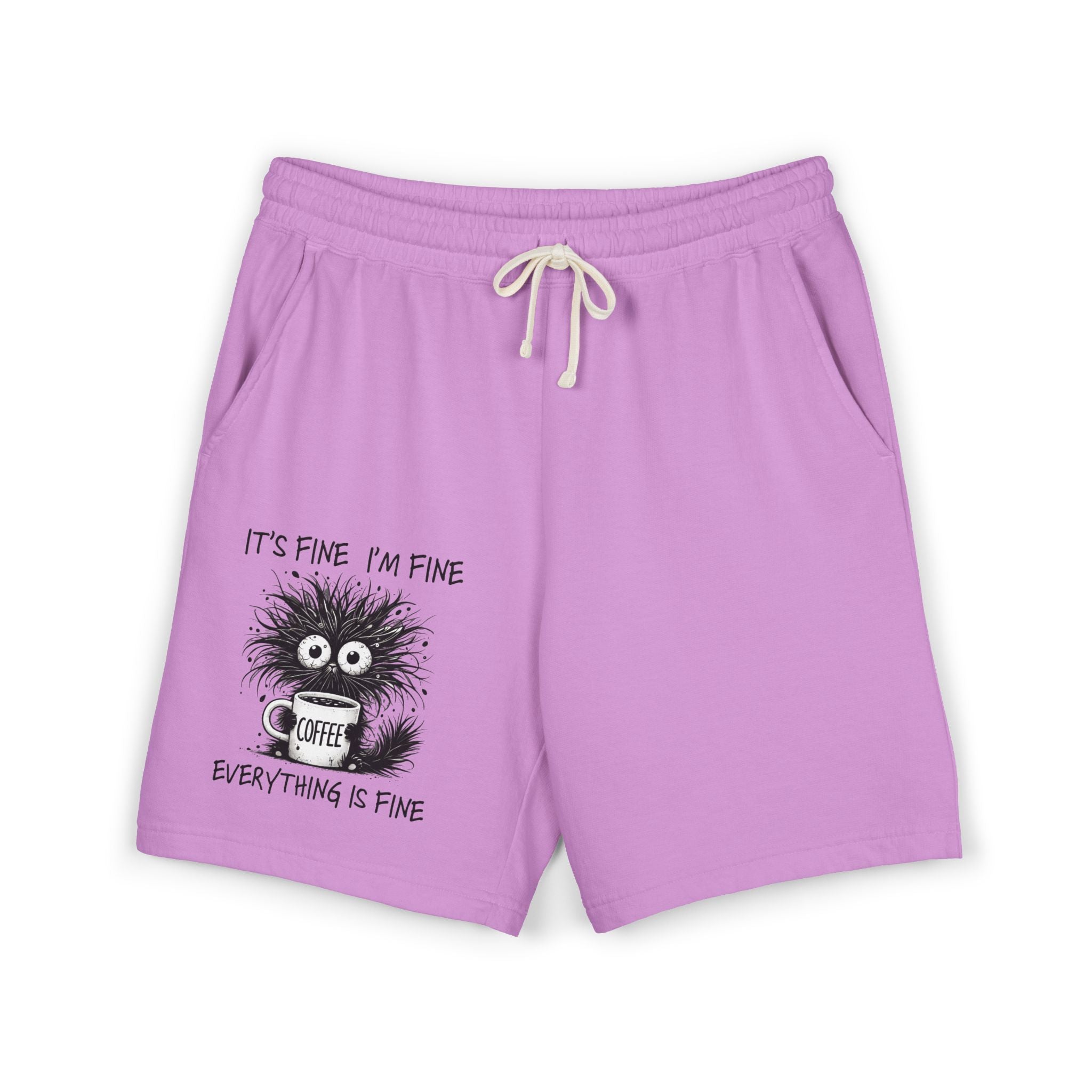 Sweat Shorts "It's Fine I'm Fine" Fuzzy Coffee Monster Graphic