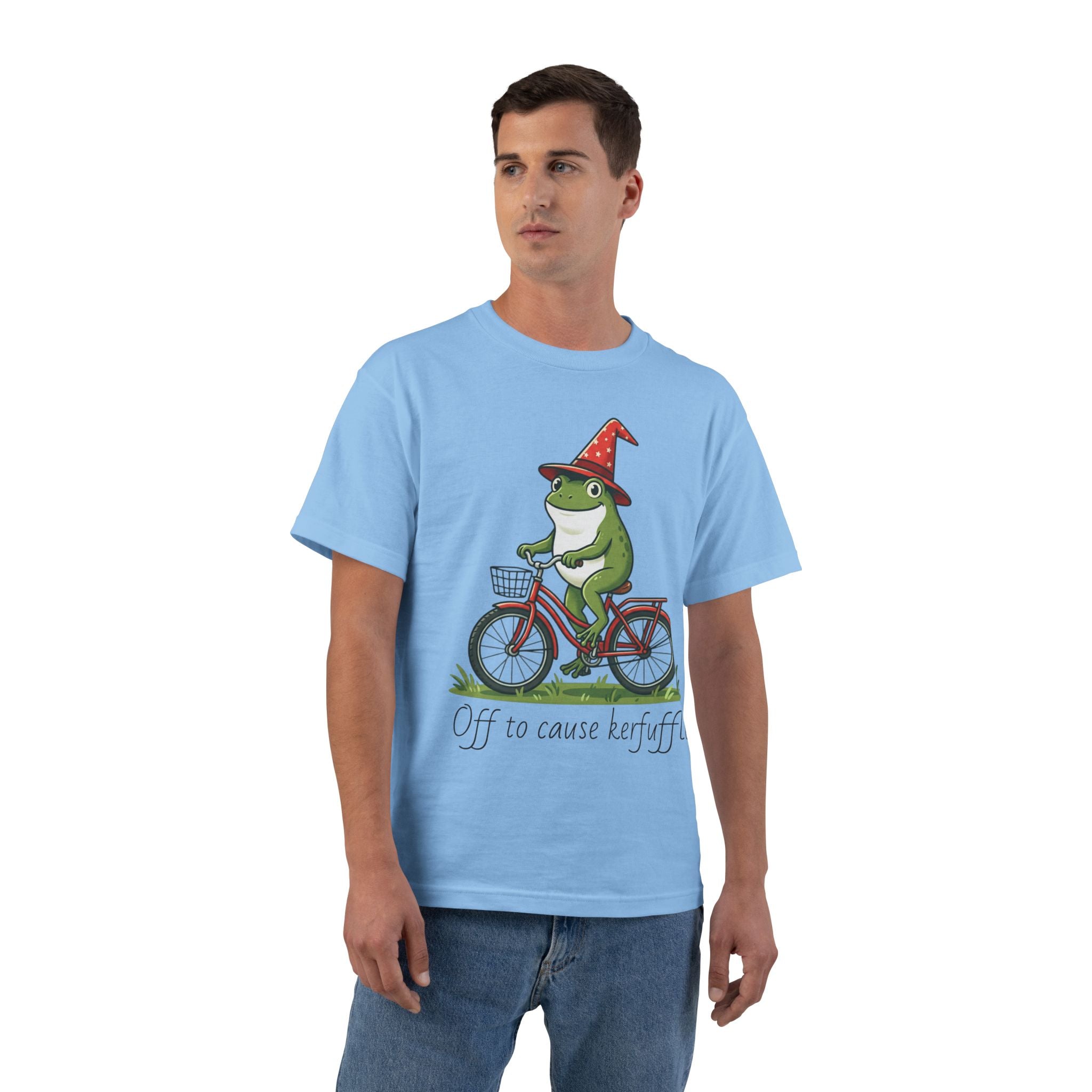Frog on Bike T-Shirt — “Off to Cause Kerfuffle” Cute Whimsical Graphic Tee