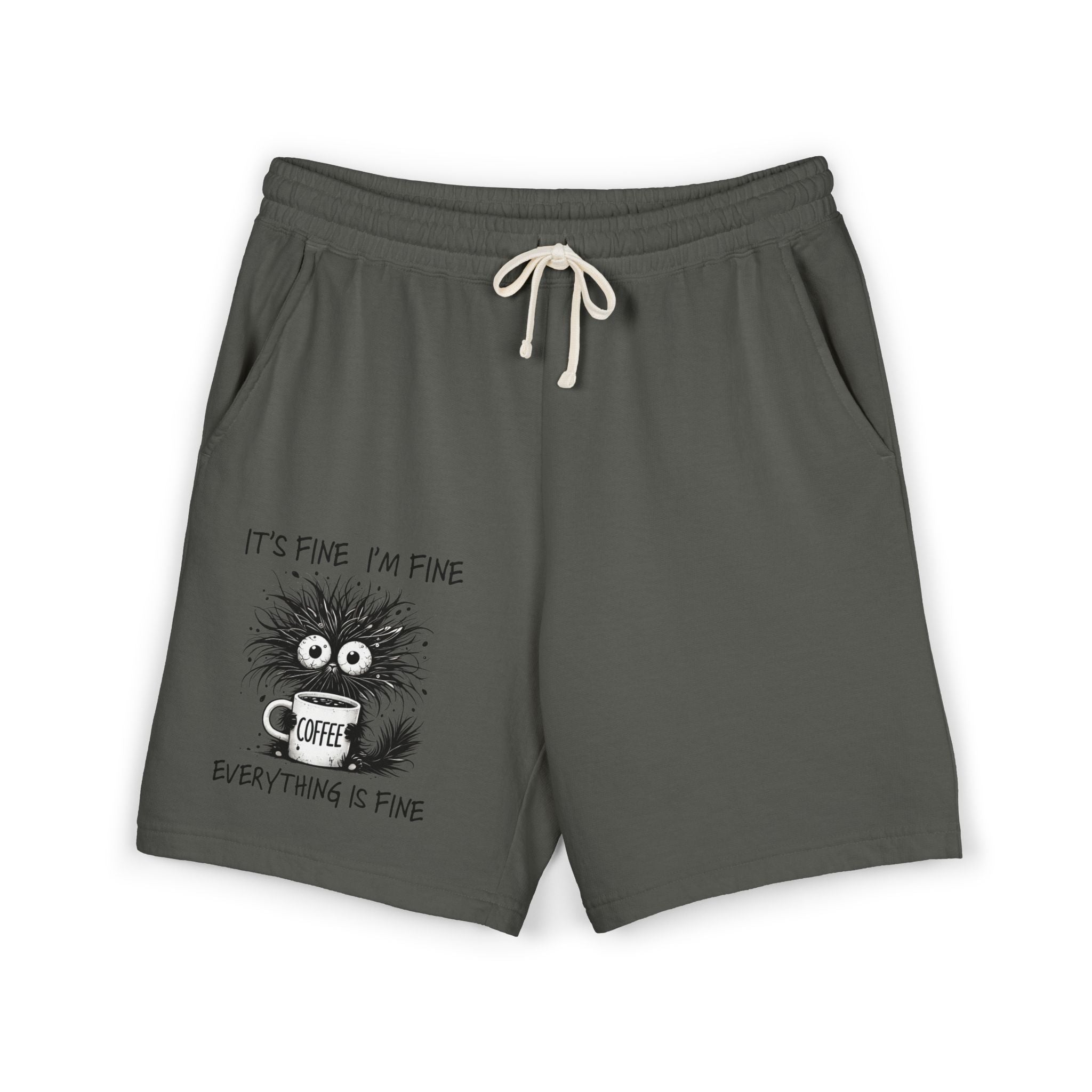 Sweat Shorts "It's Fine I'm Fine" Fuzzy Coffee Monster Graphic