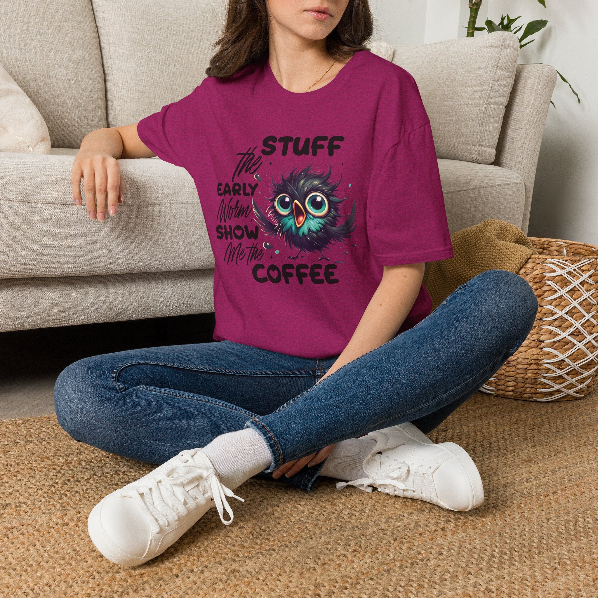 Morning Coffee T‑Shirt — "Stuff the Early Worm, Show Me the Coffee" Cute Sleepy Owl bird Graphic