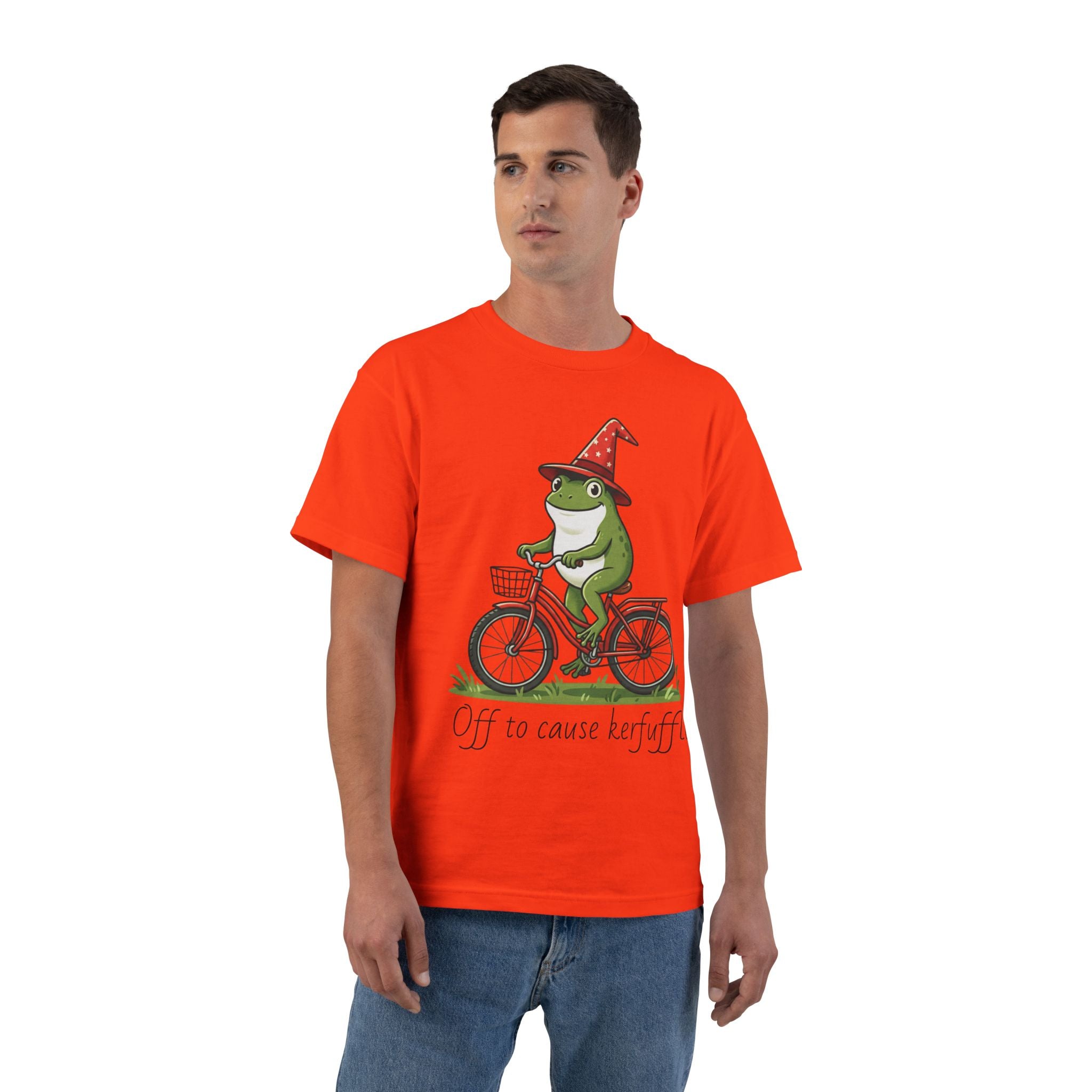Frog on Bike T-Shirt — “Off to Cause Kerfuffle” Cute Whimsical Graphic Tee