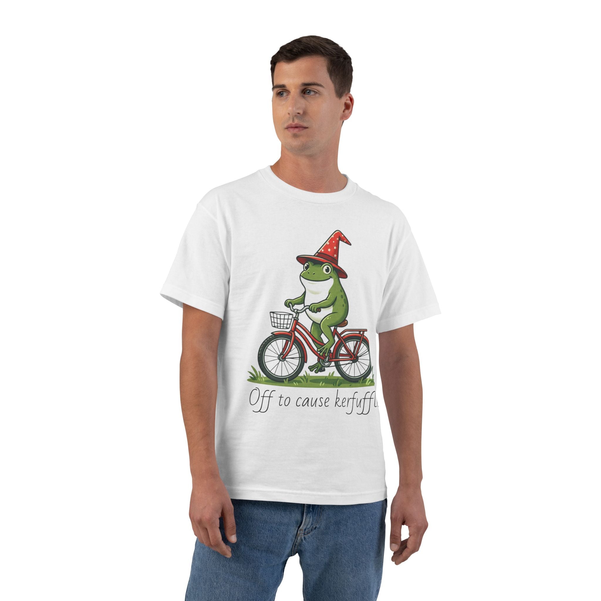 Frog on Bike T-Shirt — “Off to Cause Kerfuffle” Cute Whimsical Graphic Tee