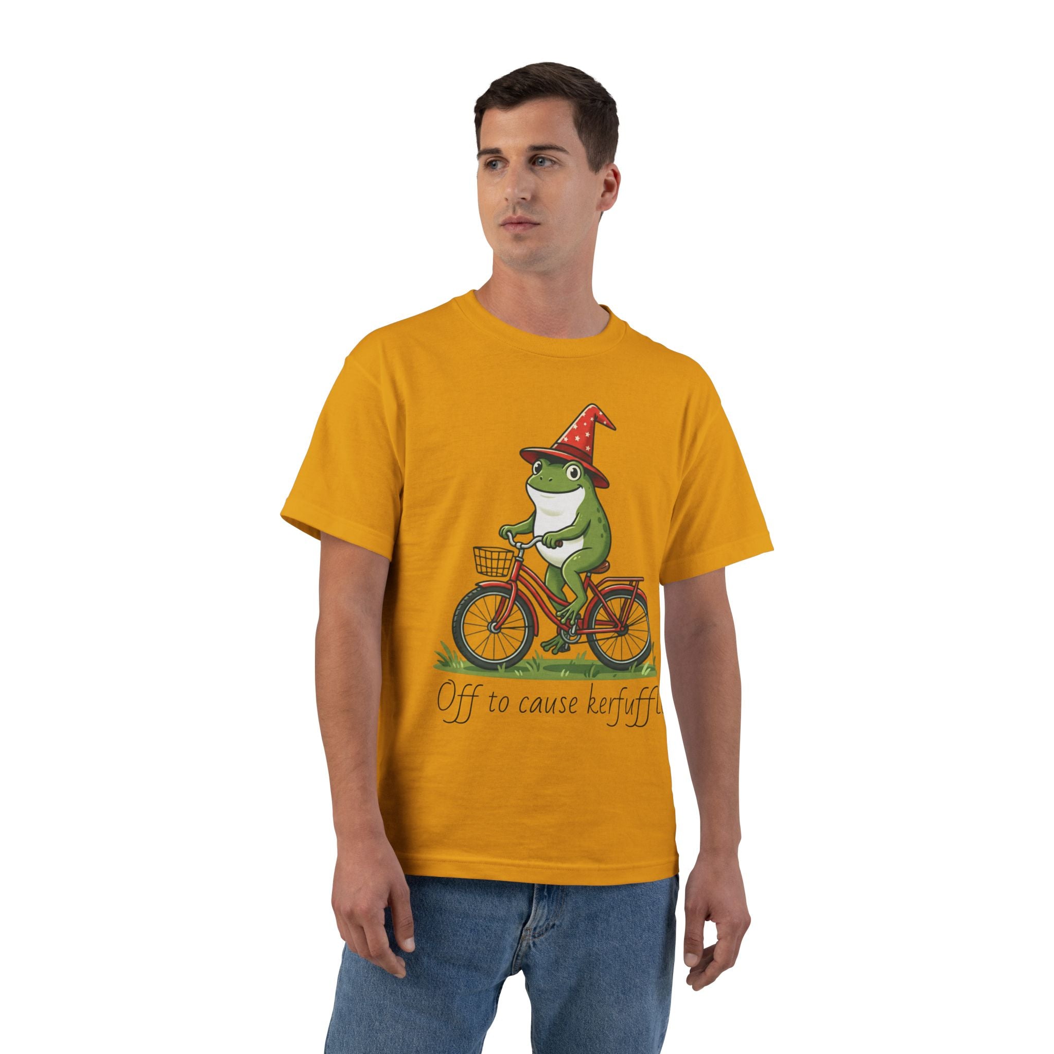 Frog on Bike T-Shirt — “Off to Cause Kerfuffle” Cute Whimsical Graphic Tee