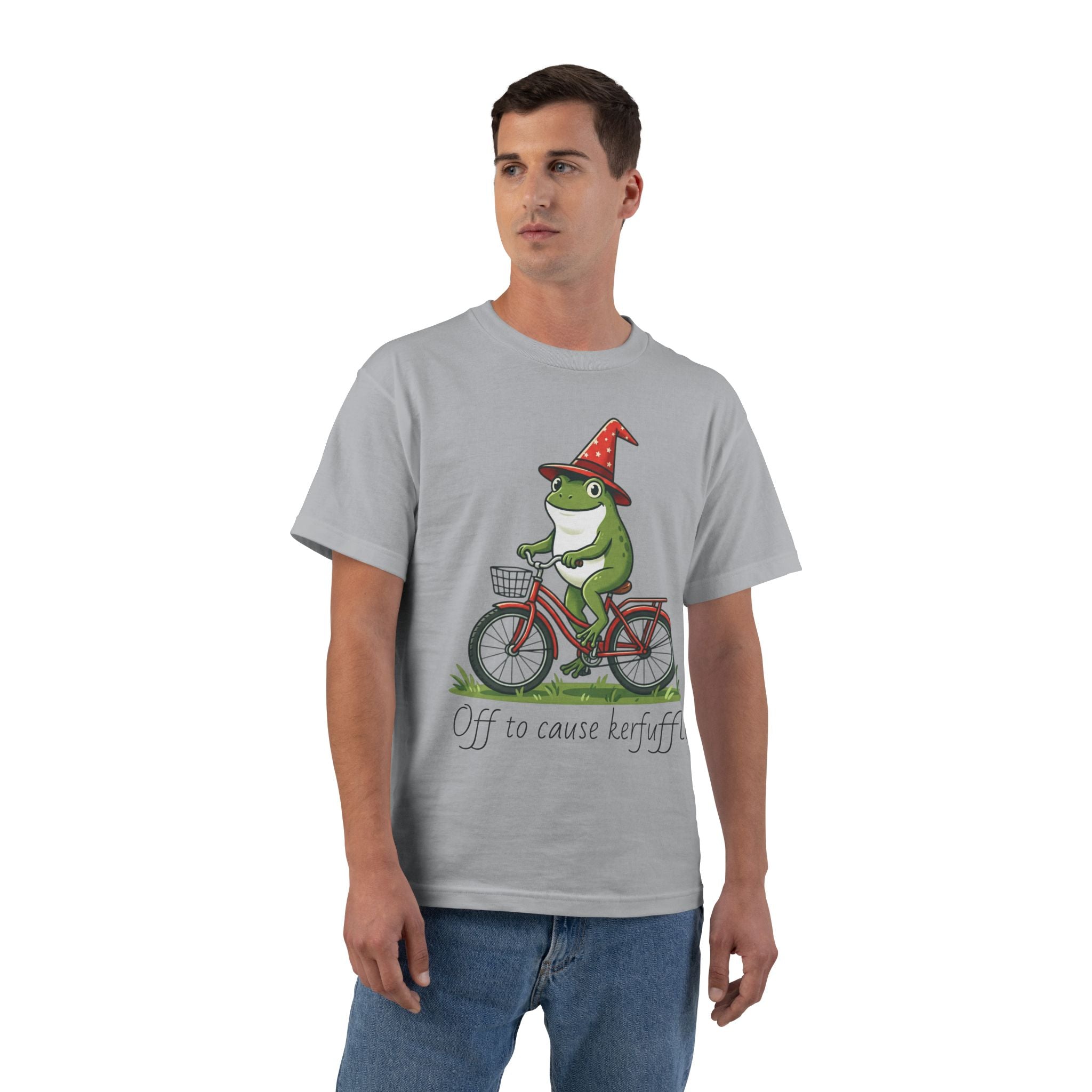 Frog on Bike T-Shirt — “Off to Cause Kerfuffle” Cute Whimsical Graphic Tee