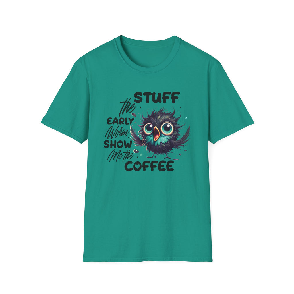 Morning Coffee T‑Shirt — "Stuff the Early Worm, Show Me the Coffee" Cute Sleepy Owl bird Graphic