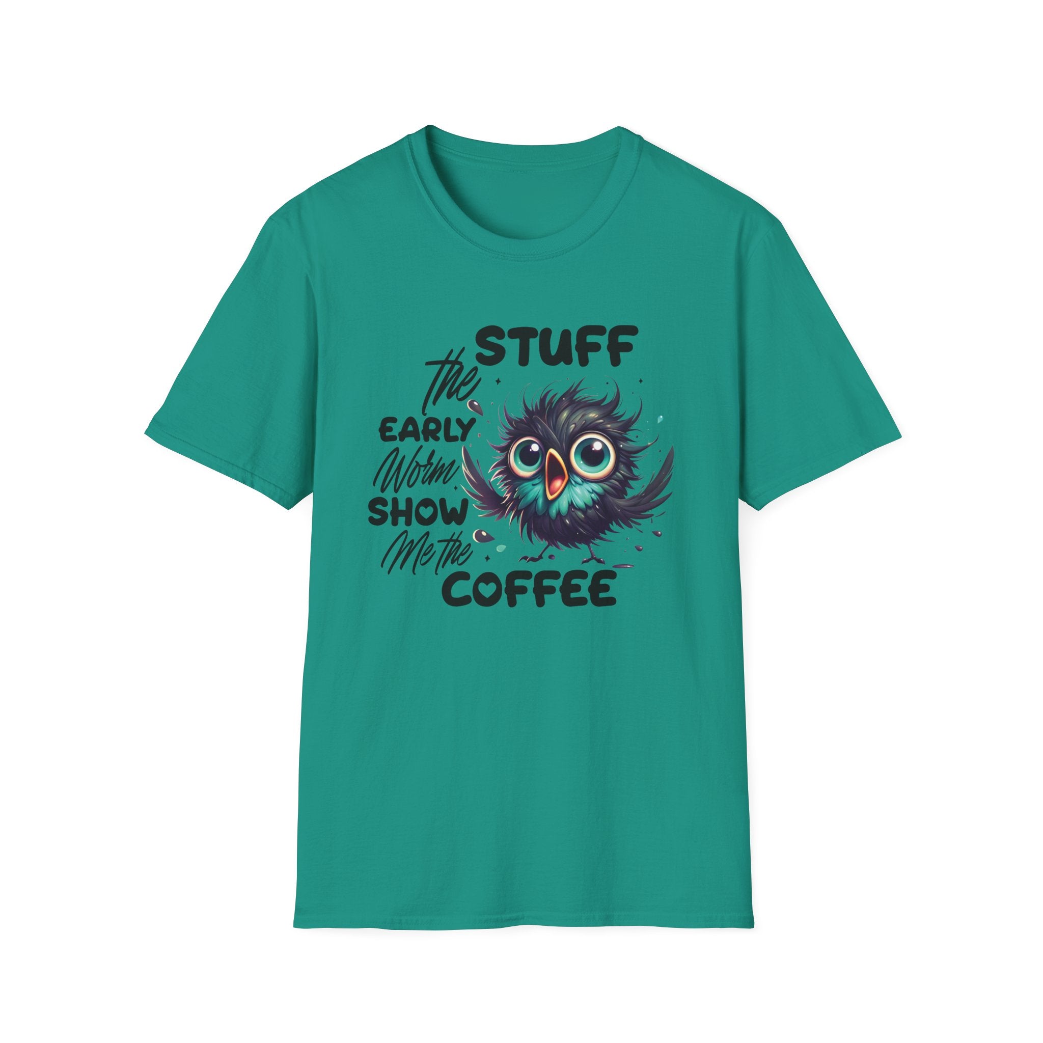Morning Coffee T‑Shirt — "Stuff the Early Worm, Show Me the Coffee" Cute Sleepy Owl bird Graphic