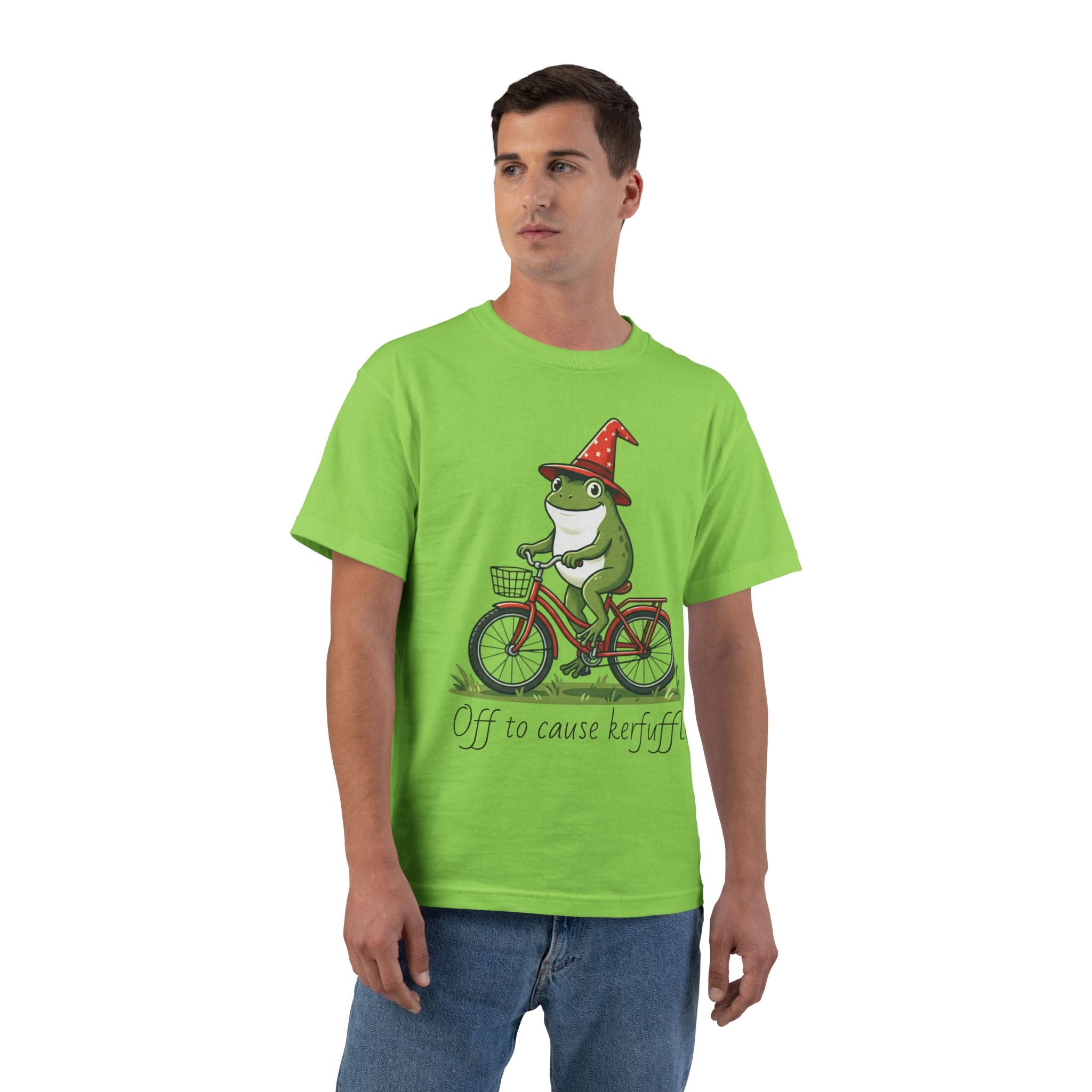Frog on Bike T-Shirt — “Off to Cause Kerfuffle” Cute Whimsical Graphic Tee