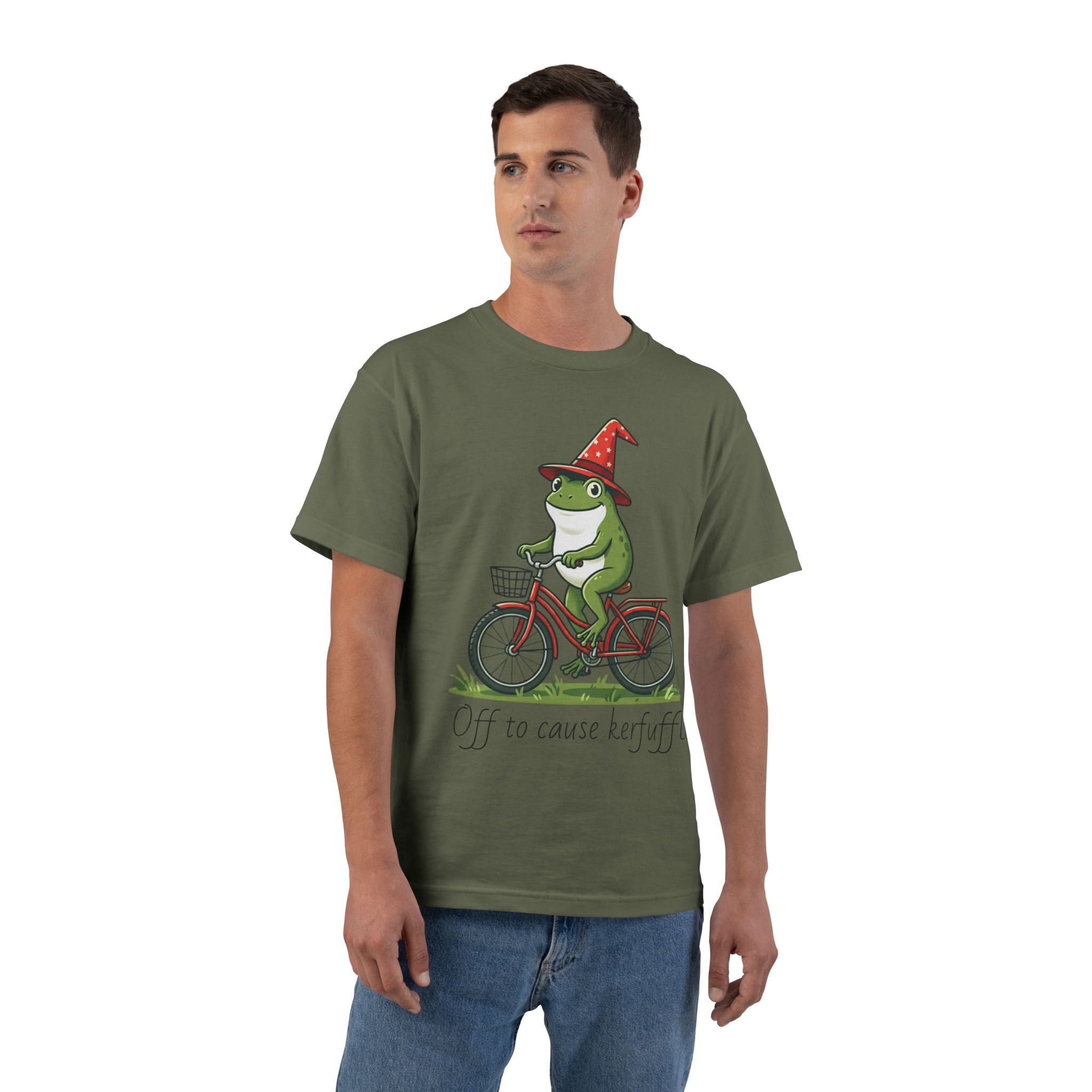 Frog on Bike T-Shirt — “Off to Cause Kerfuffle” Cute Whimsical Graphic Tee