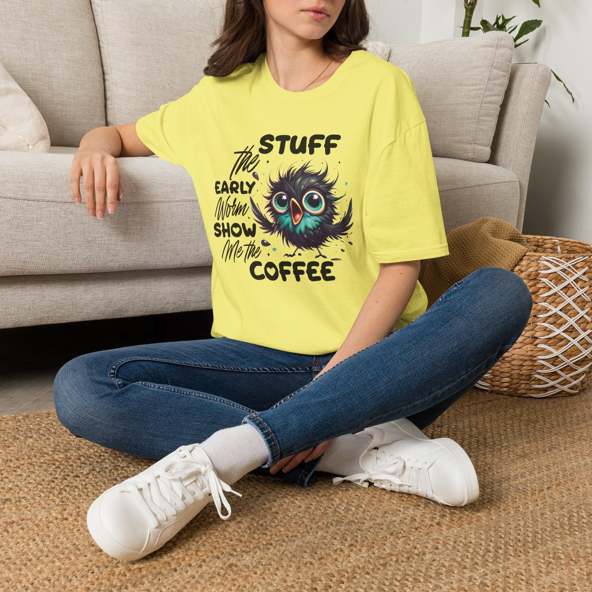 Morning Coffee T‑Shirt — "Stuff the Early Worm, Show Me the Coffee" Cute Sleepy Owl bird Graphic