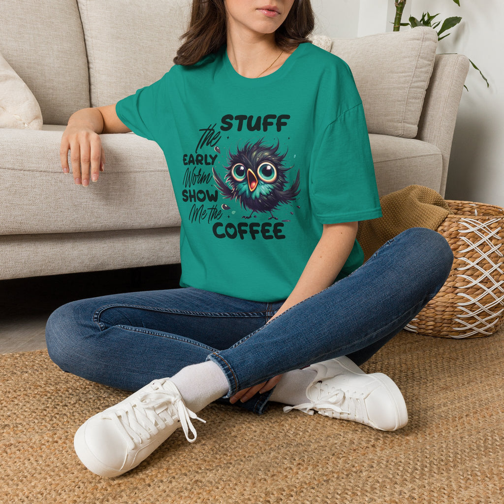 Morning Coffee T‑Shirt — "Stuff the Early Worm, Show Me the Coffee" Cute Sleepy Owl bird Graphic
