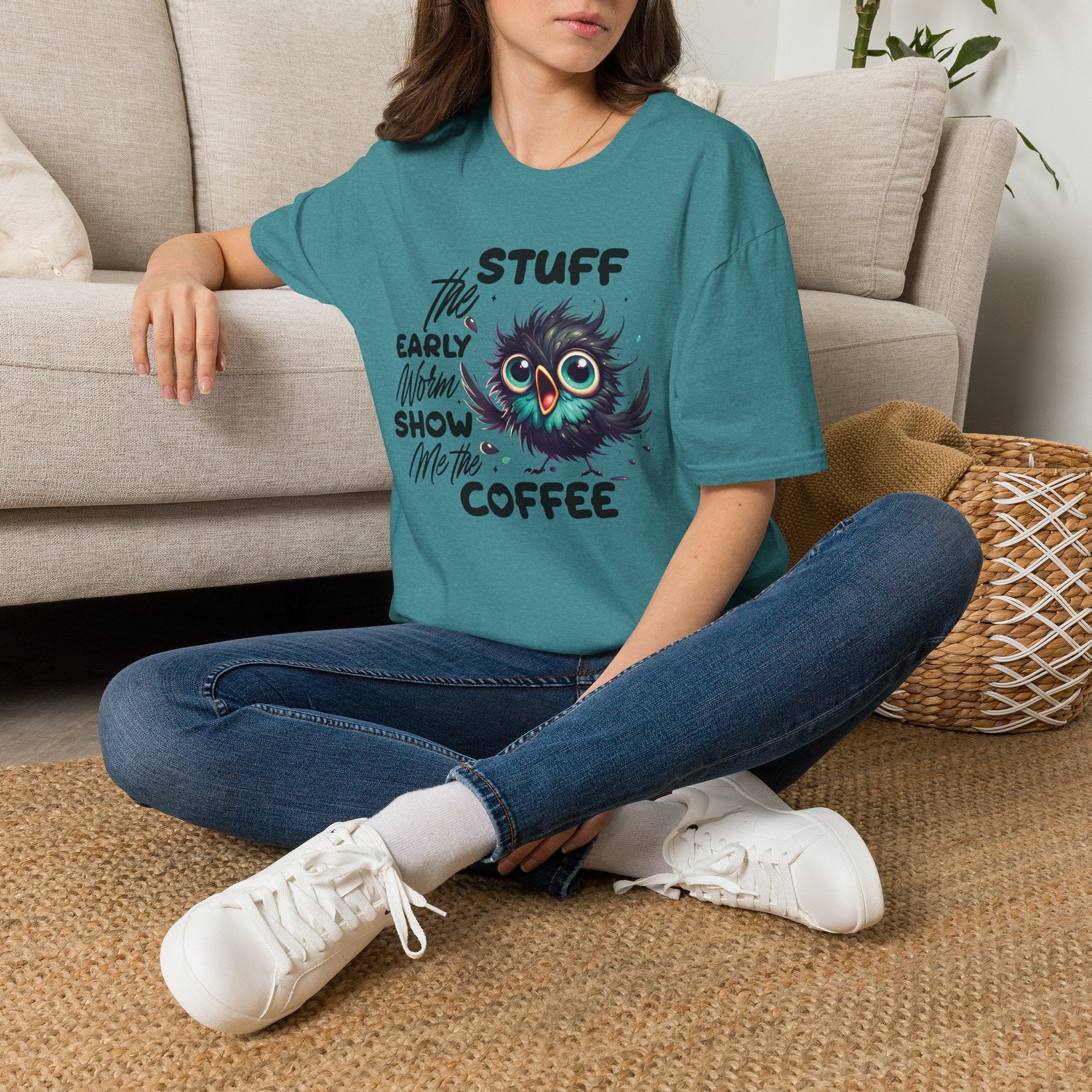 Morning Coffee T‑Shirt — "Stuff the Early Worm, Show Me the Coffee" Cute Sleepy Owl bird Graphic