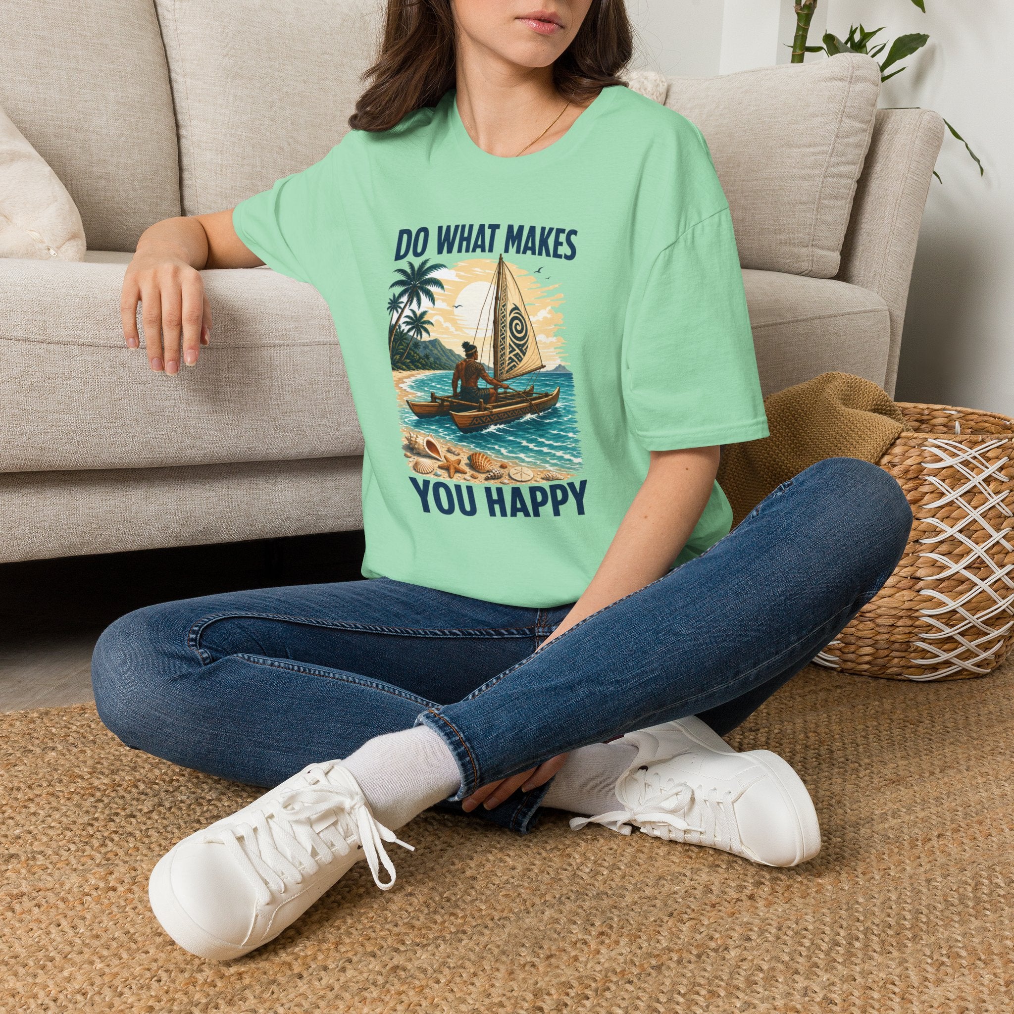 T-Shirt — "Do What Makes You Happy" Catamaran Sailboat Tropical Graphic Tee