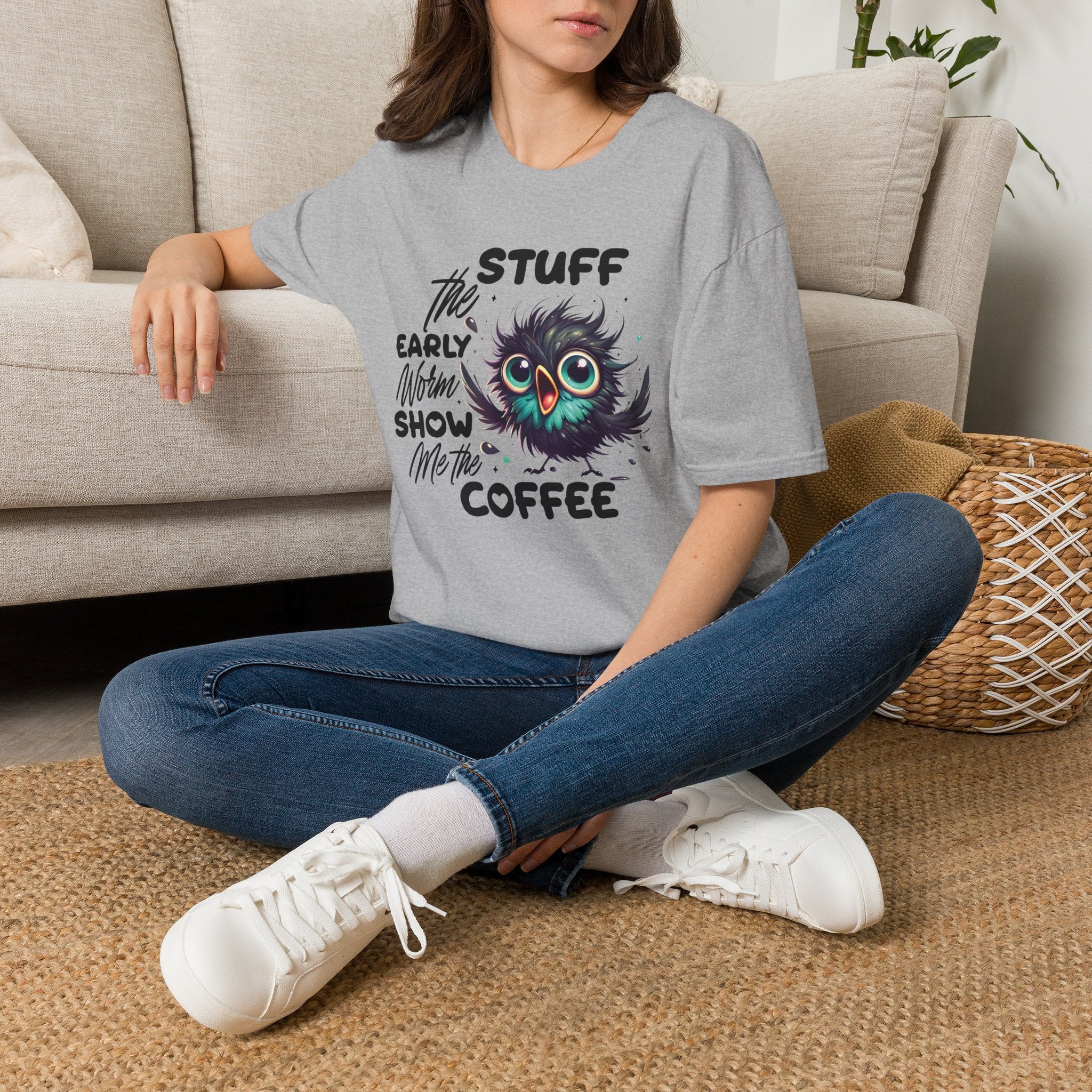 Morning Coffee T‑Shirt — "Stuff the Early Worm, Show Me the Coffee" Cute Sleepy Owl bird Graphic