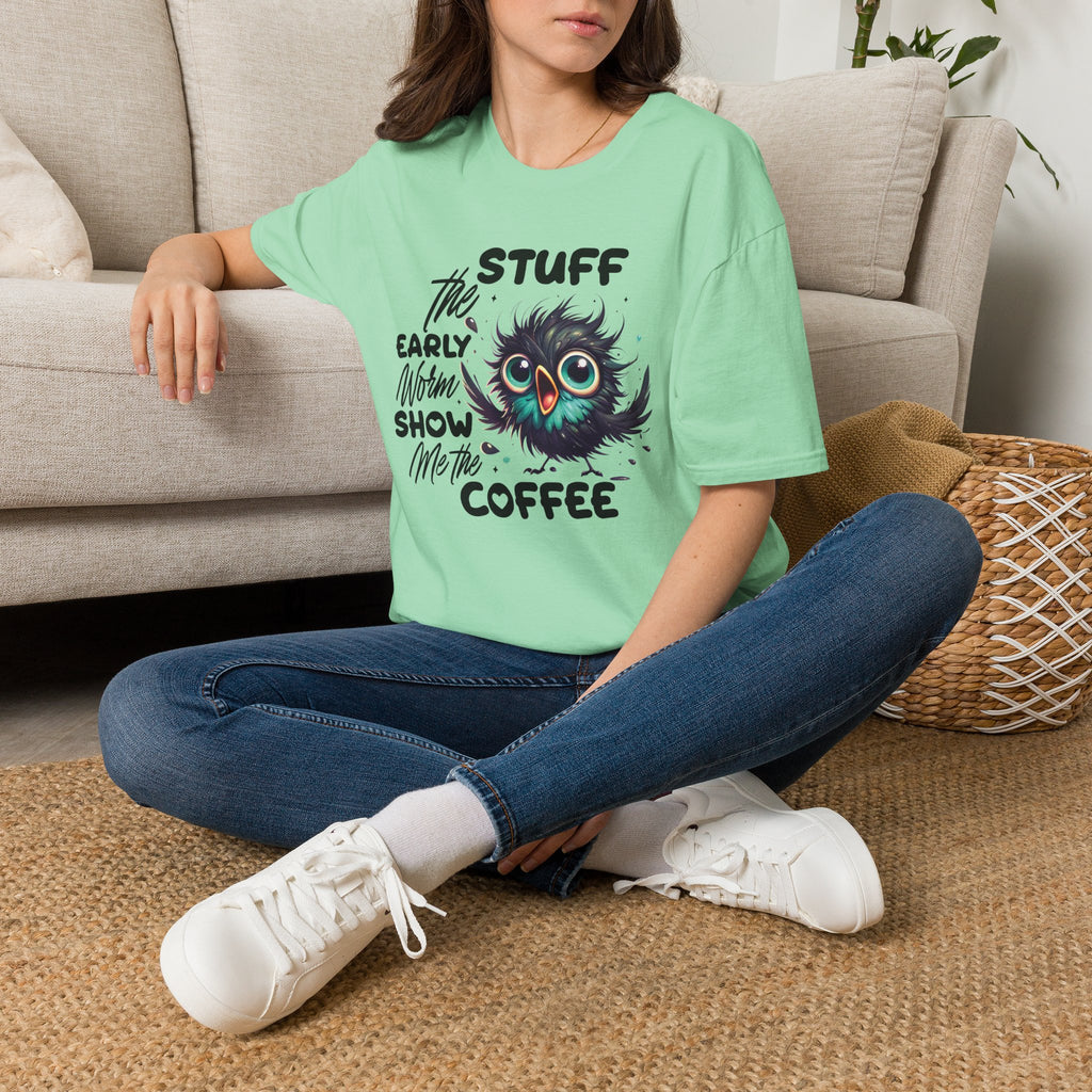 Morning Coffee T‑Shirt — "Stuff the Early Worm, Show Me the Coffee" Cute Sleepy Owl bird Graphic