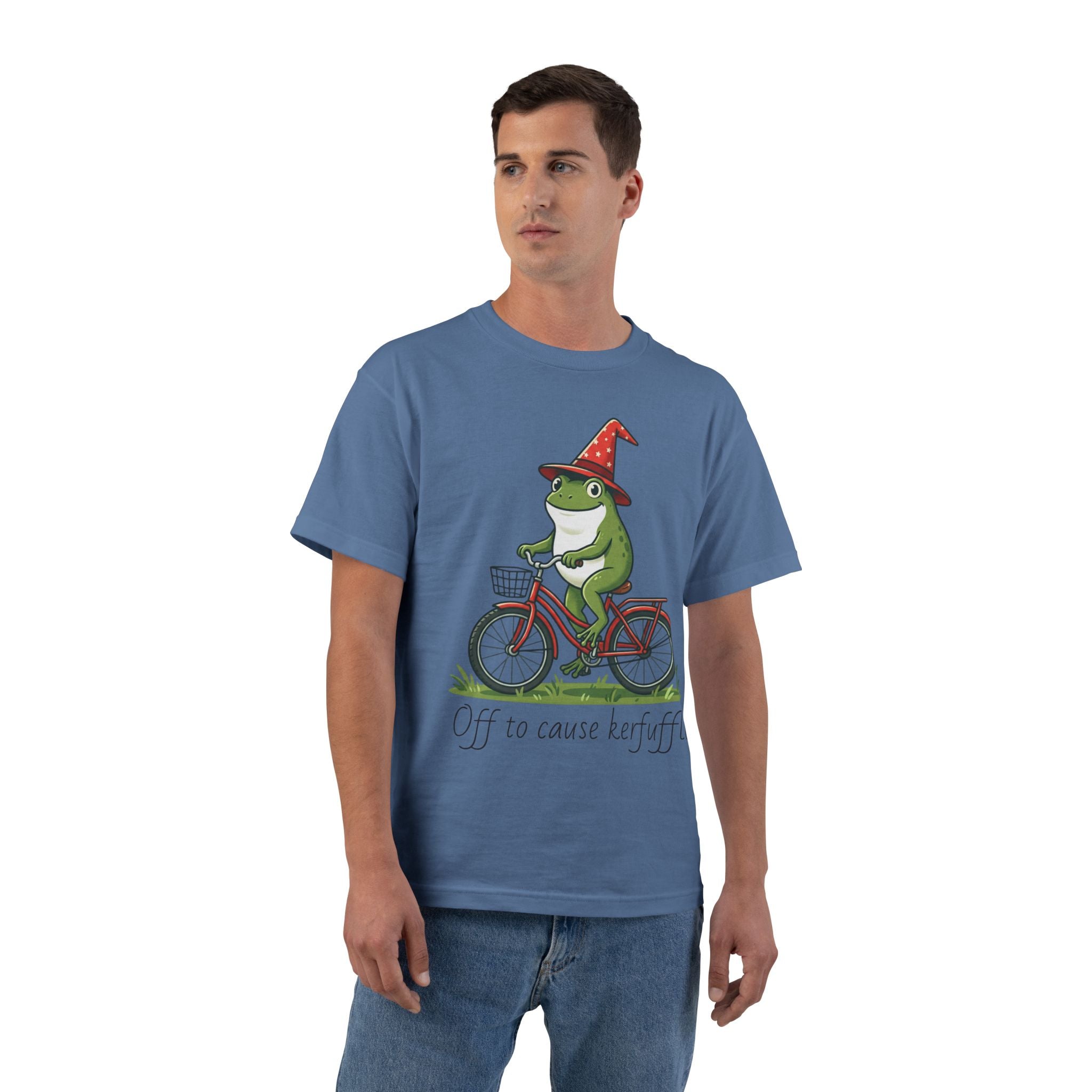 Frog on Bike T-Shirt — “Off to Cause Kerfuffle” Cute Whimsical Graphic Tee