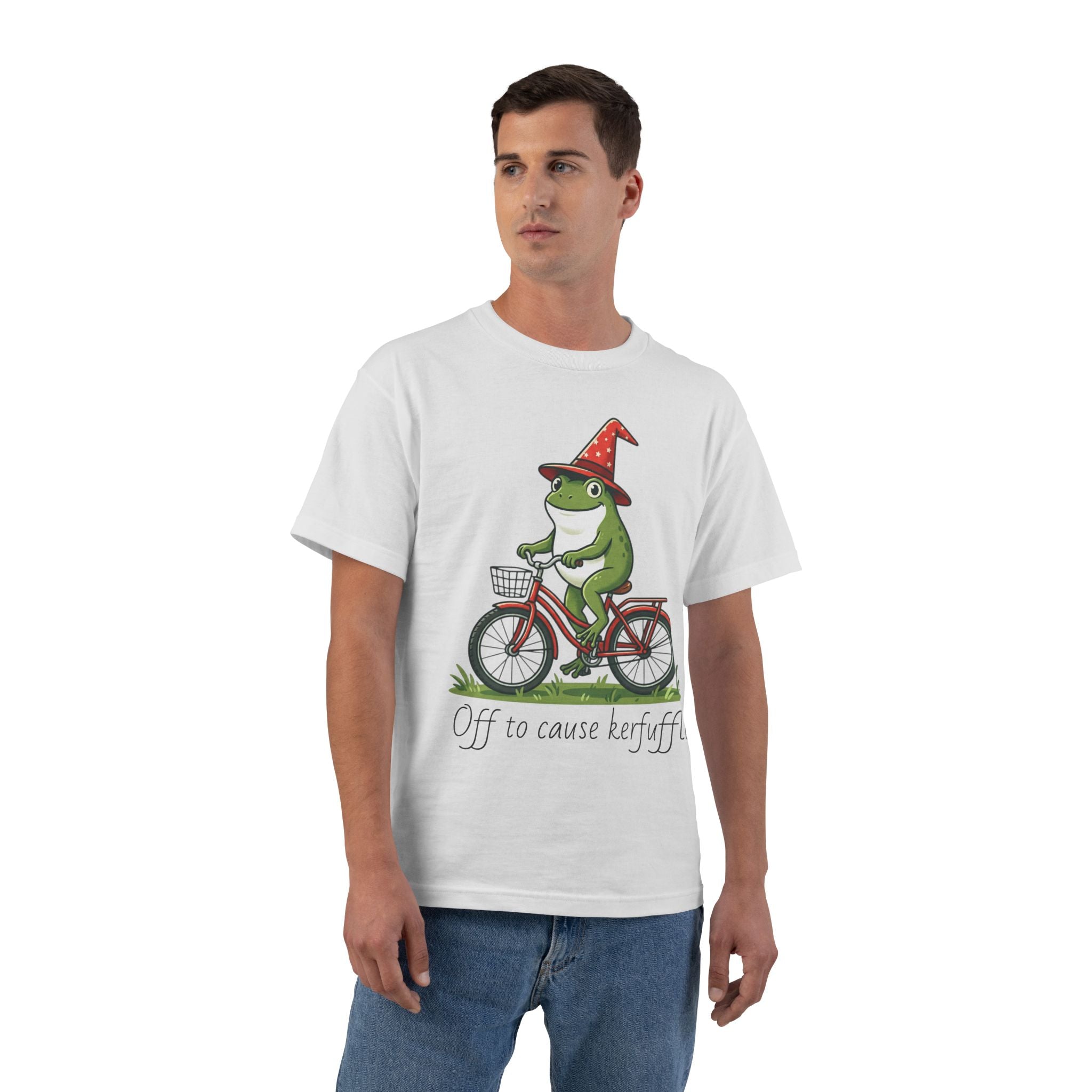 Frog on Bike T-Shirt — “Off to Cause Kerfuffle” Cute Whimsical Graphic Tee