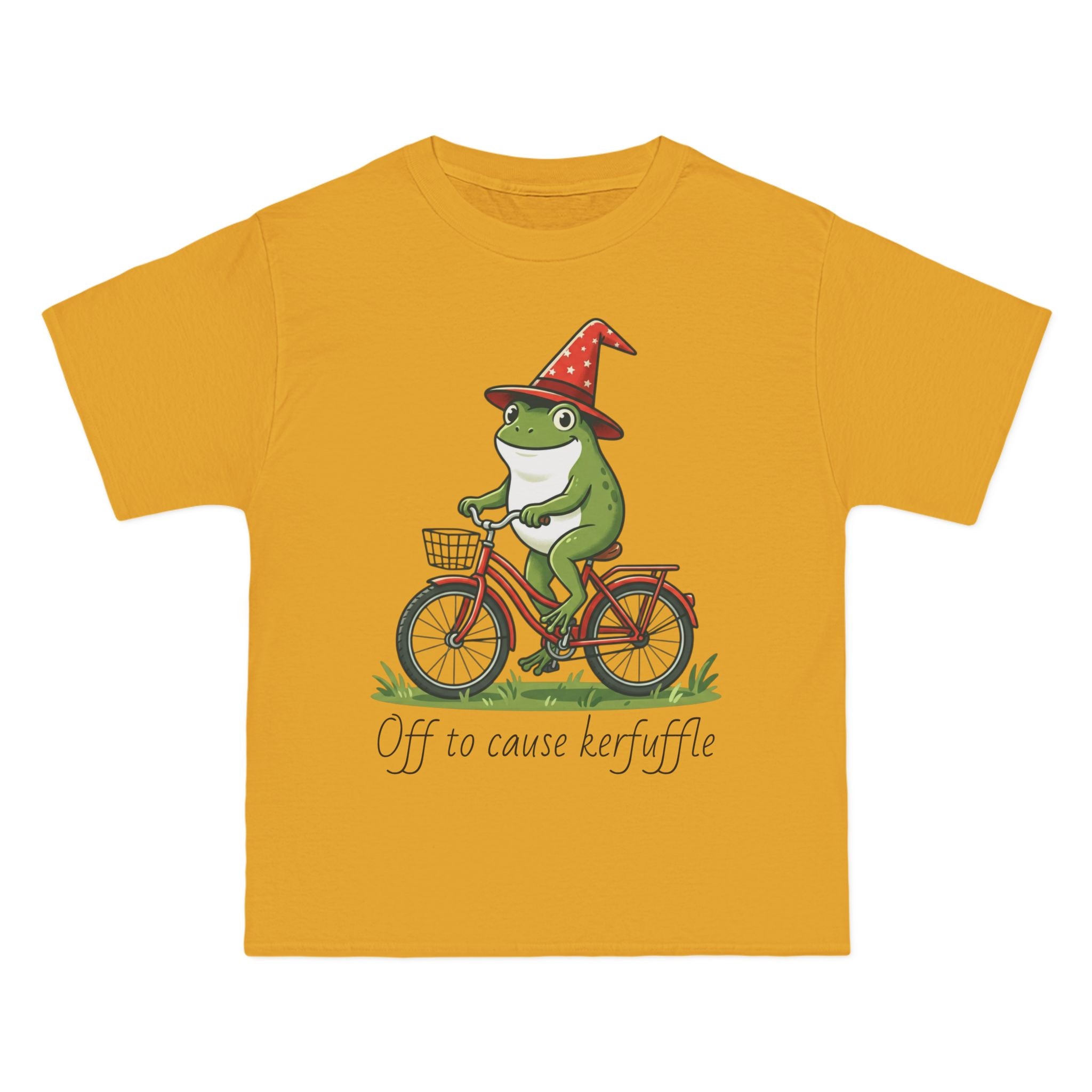 Frog on Bike T-Shirt — “Off to Cause Kerfuffle” Cute Whimsical Graphic Tee
