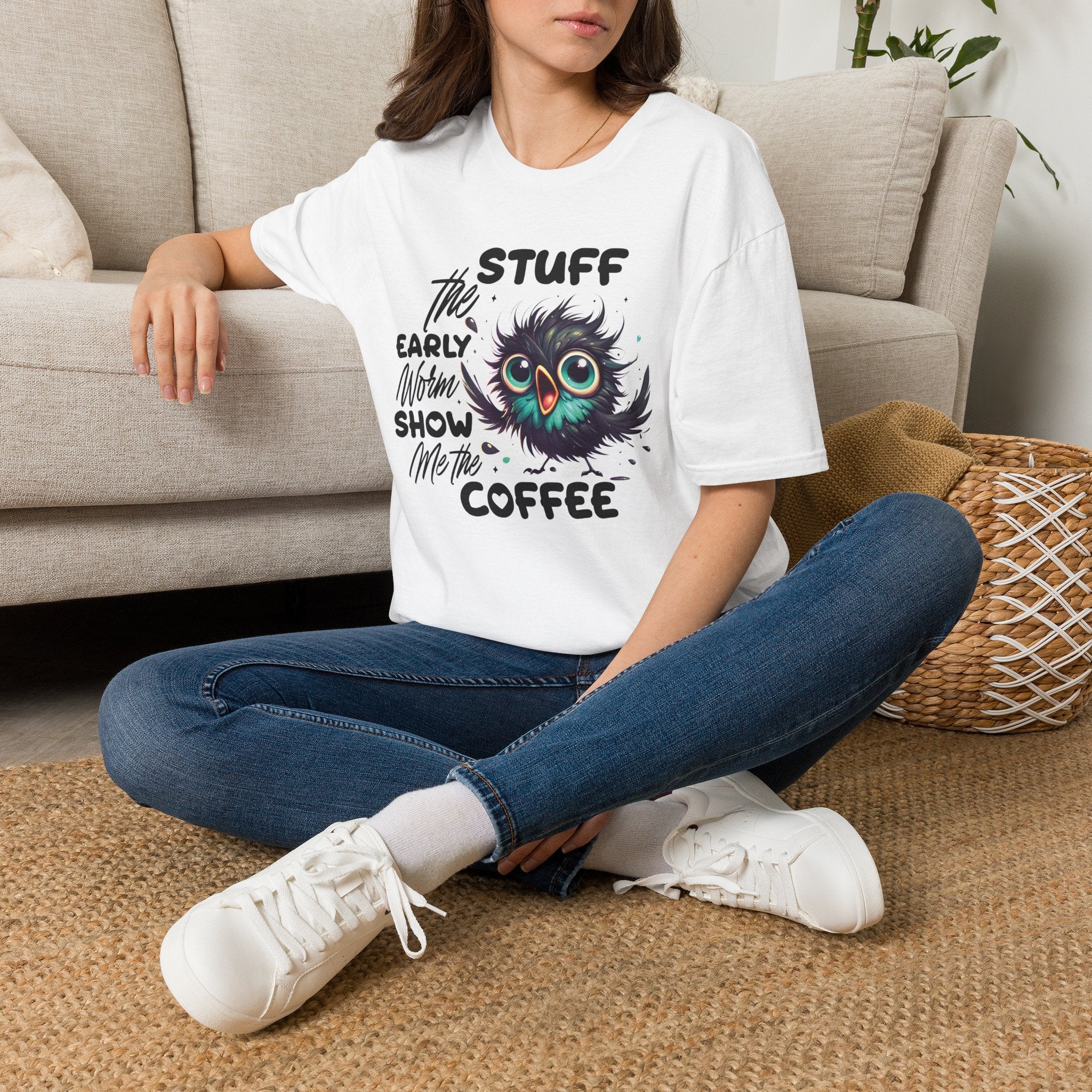 Morning Coffee T‑Shirt — "Stuff the Early Worm, Show Me the Coffee" Cute Sleepy Owl bird Graphic