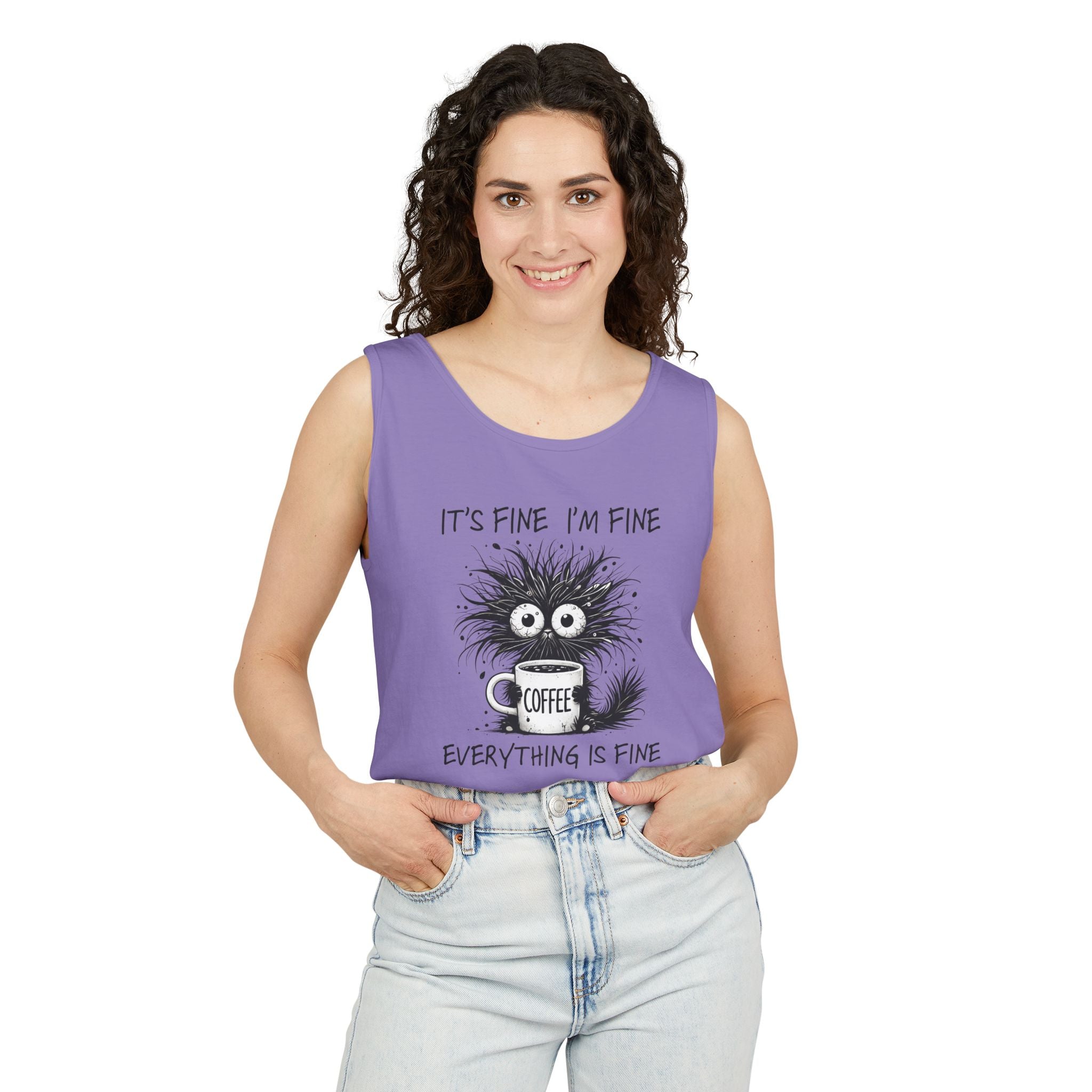 Coffee Catastrophe Tank Top — “It’s Fine I’m Fine Everything Is Fine” Graphic Tank