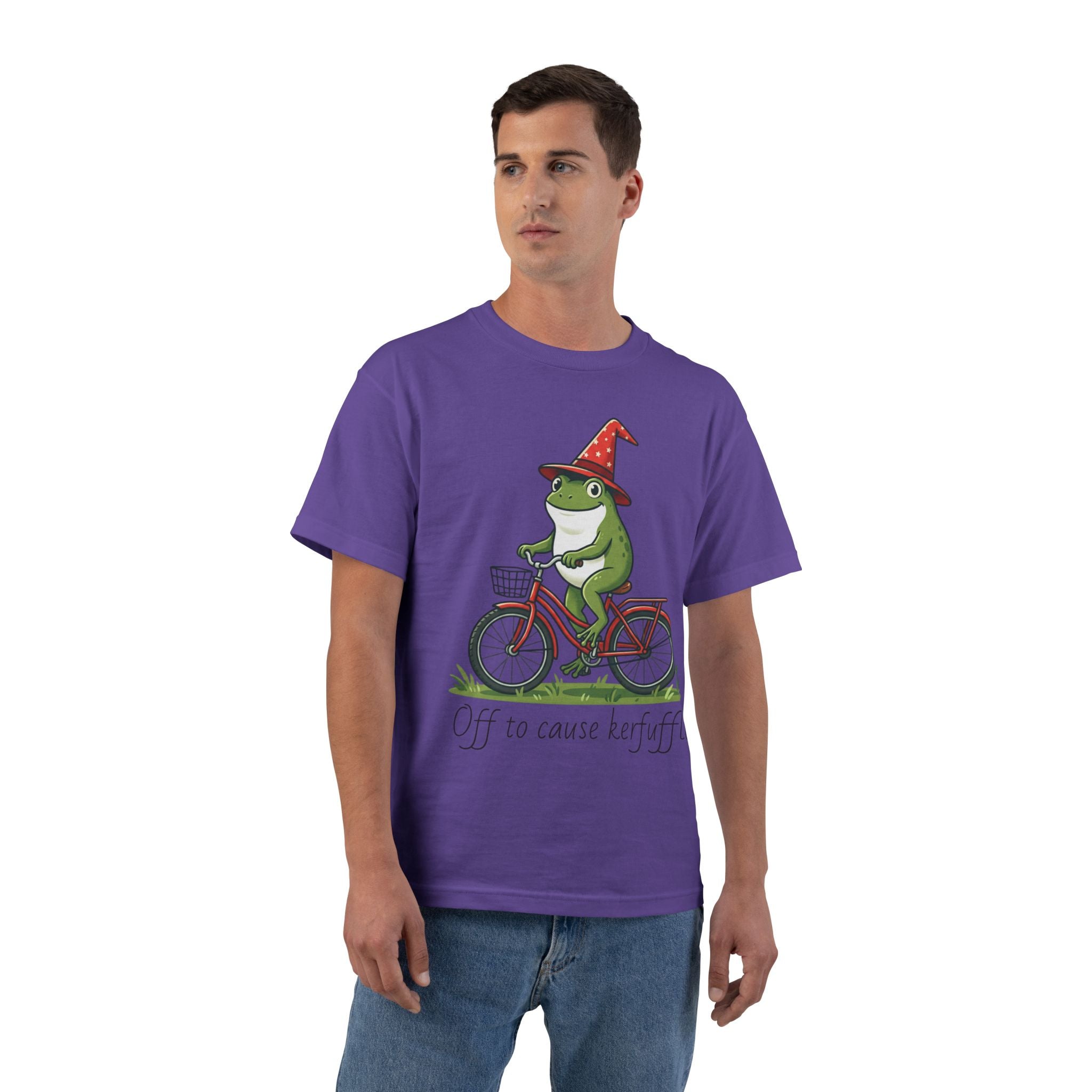 Frog on Bike T-Shirt — “Off to Cause Kerfuffle” Cute Whimsical Graphic Tee