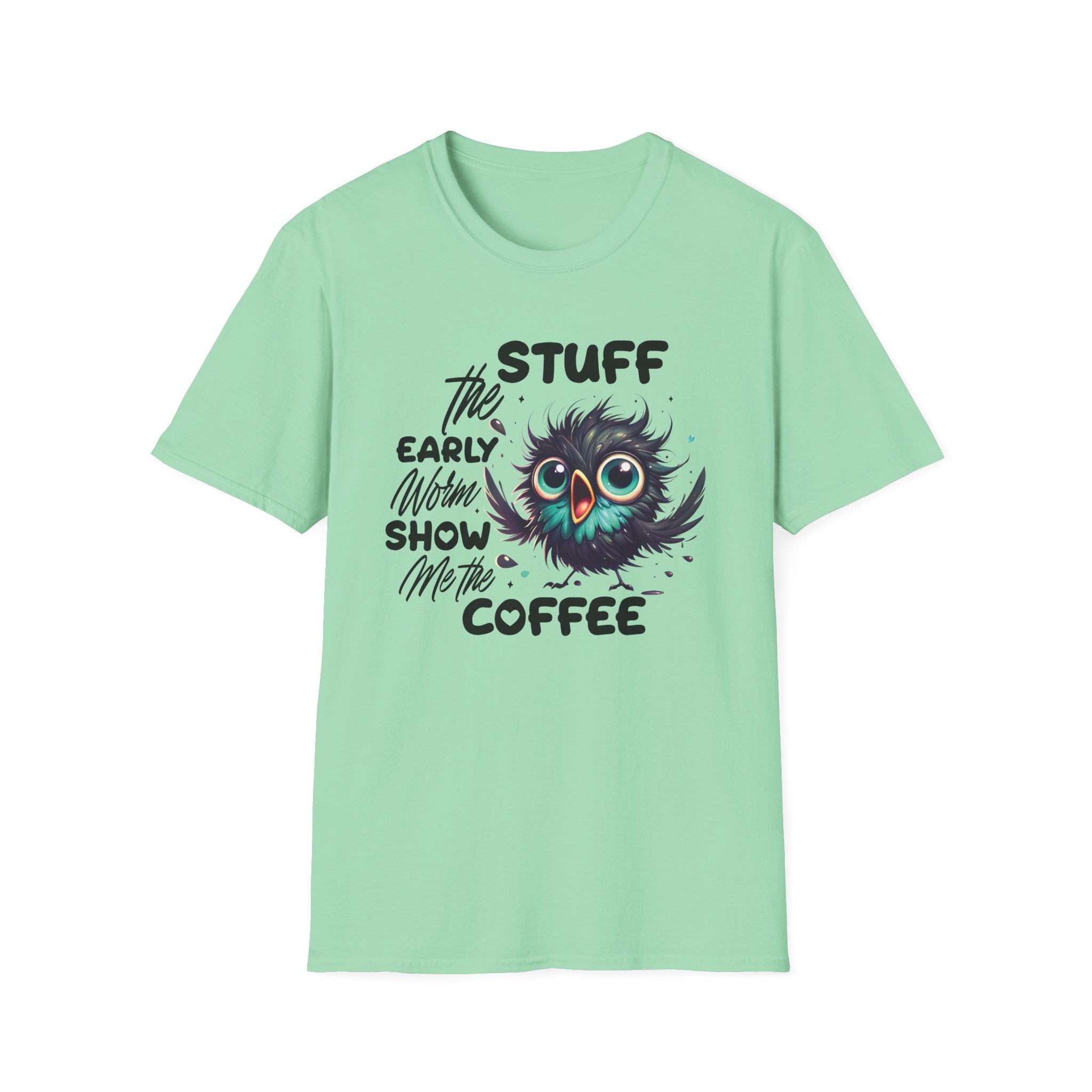 Morning Coffee T‑Shirt — "Stuff the Early Worm, Show Me the Coffee" Cute Sleepy Owl bird Graphic