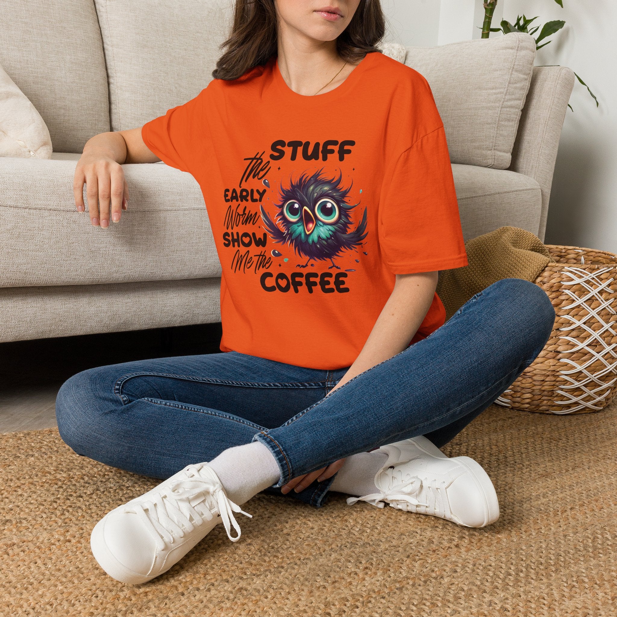 Morning Coffee T‑Shirt — "Stuff the Early Worm, Show Me the Coffee" Cute Sleepy Owl bird Graphic