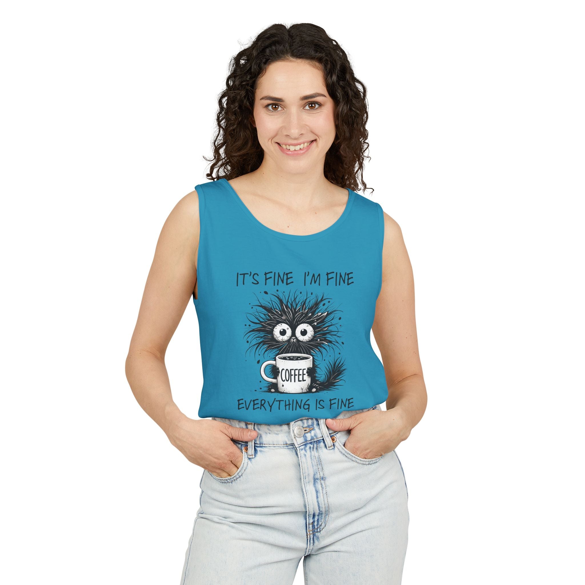 Coffee Catastrophe Tank Top — “It’s Fine I’m Fine Everything Is Fine” Graphic Tank