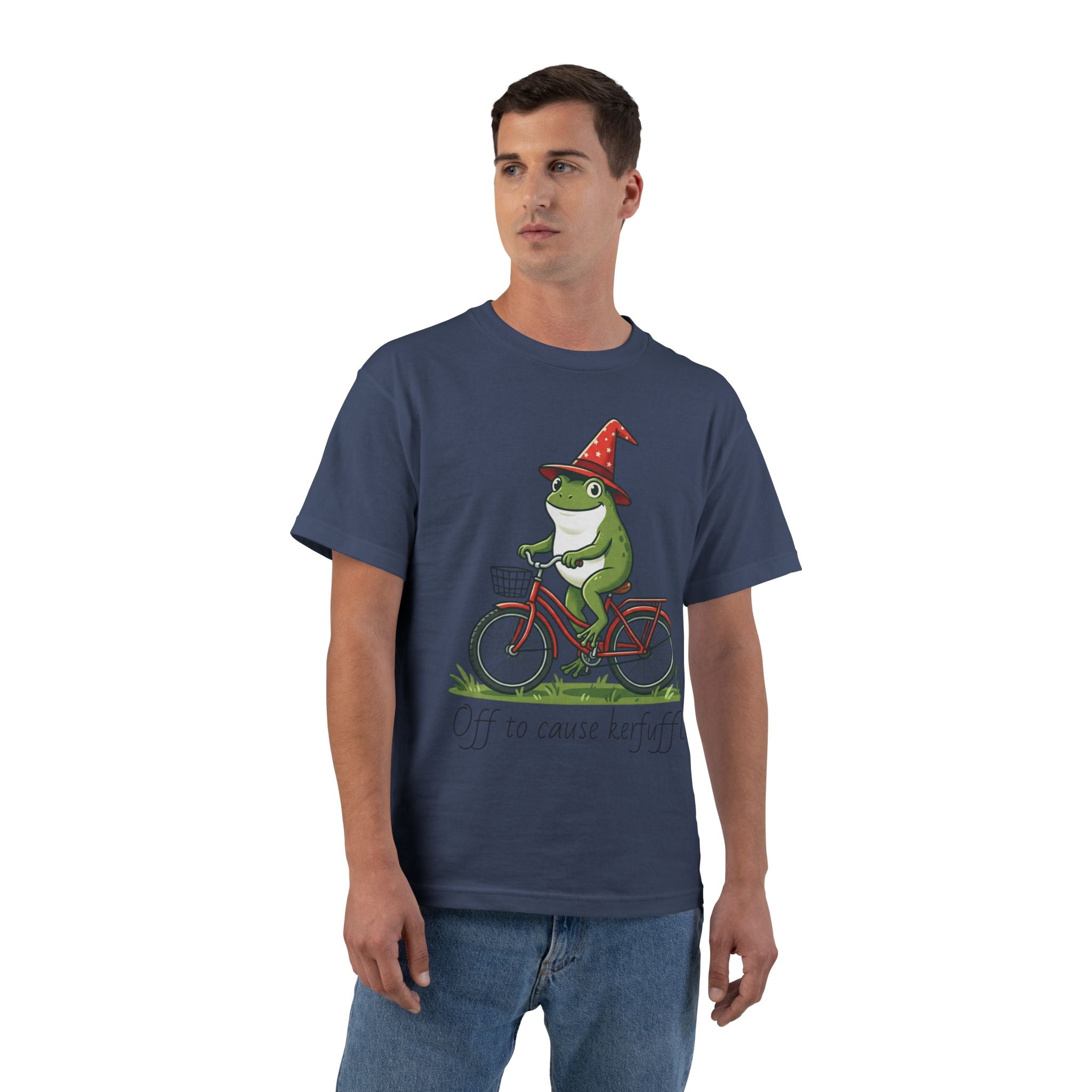 Frog on Bike T-Shirt — “Off to Cause Kerfuffle” Cute Whimsical Graphic Tee