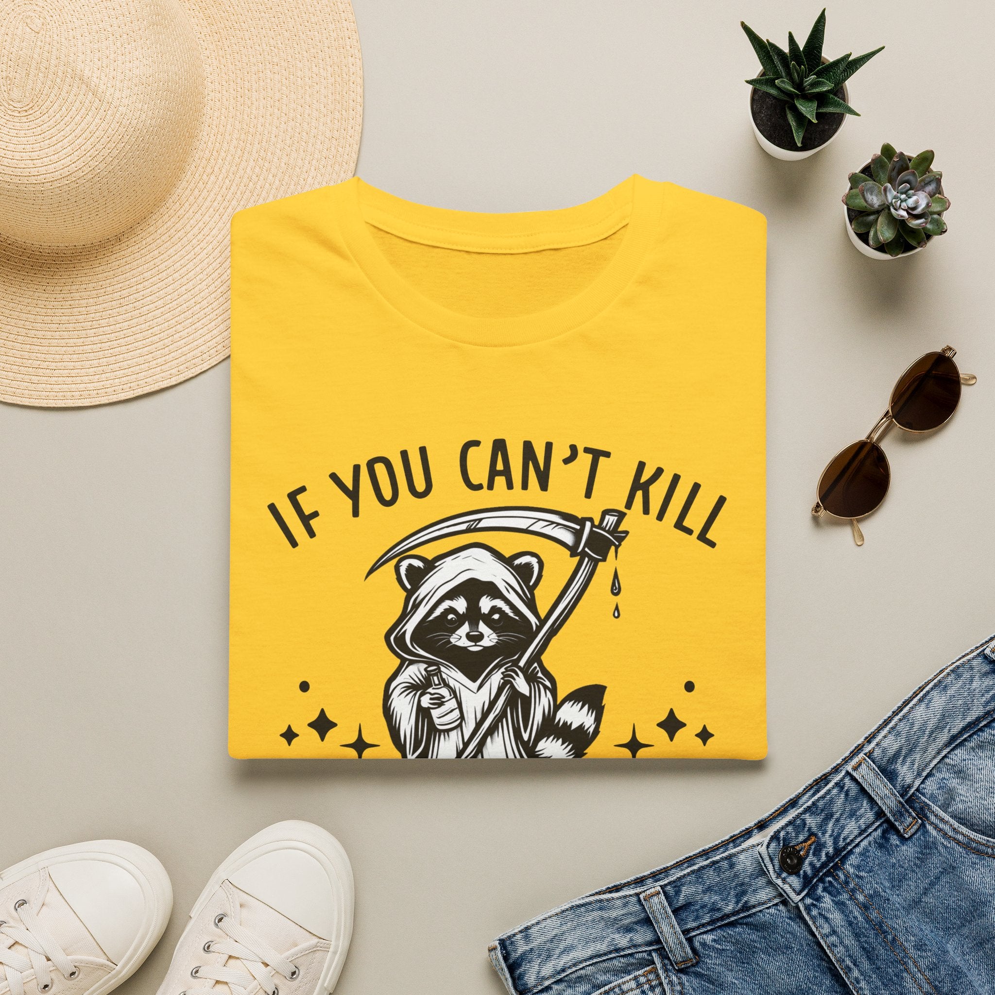 If You Can’t Kill Raccoon Tee — Funny Grim Reaper Graphic T-Shirt