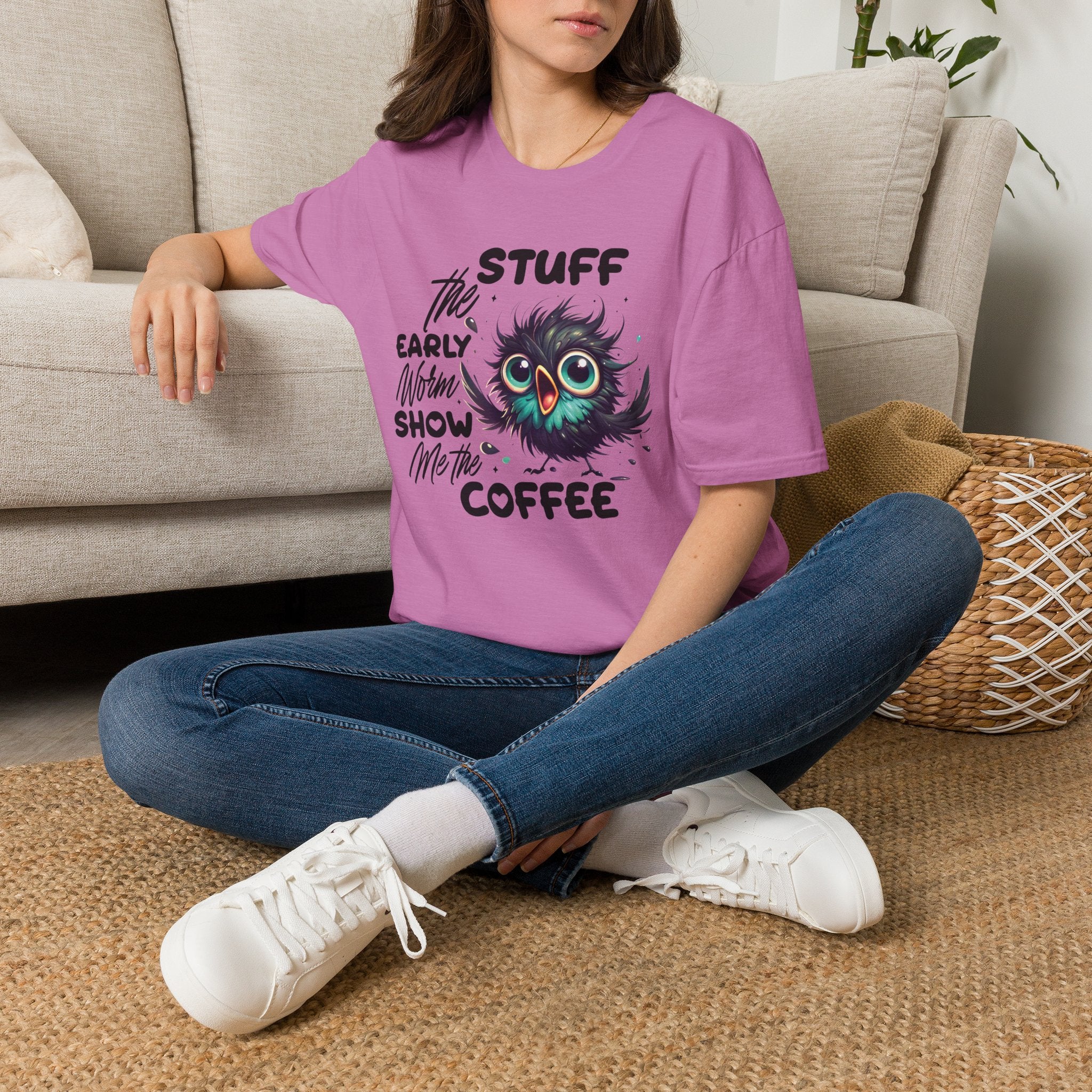 Morning Coffee T‑Shirt — "Stuff the Early Worm, Show Me the Coffee" Cute Sleepy Owl bird Graphic